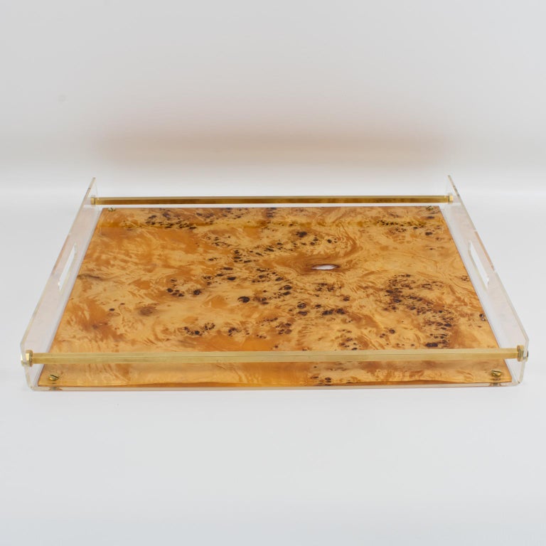 Late 20th Century Tommas Barbi Lucite and Burl Wood Barware Tray, 1970s For Sale
