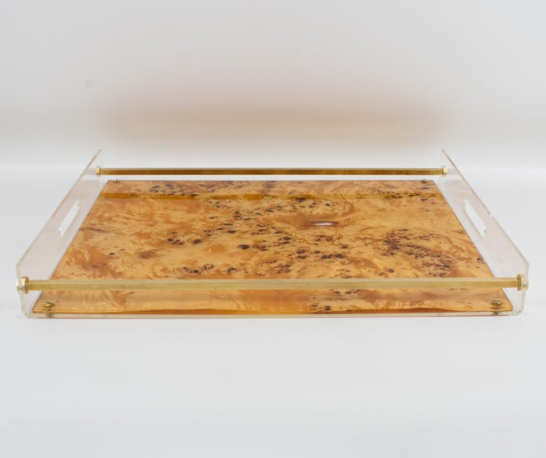 Metal Tommas Barbi Lucite and Burl Wood Barware Tray, 1970s For Sale