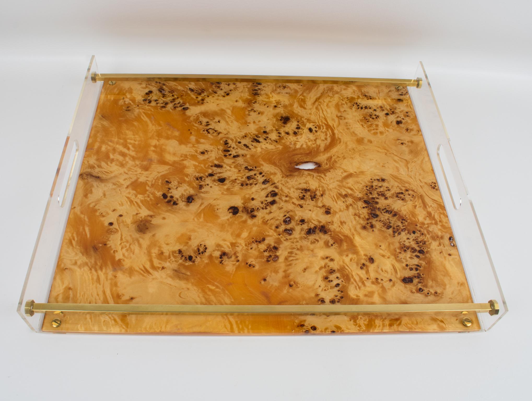 Metal Tommas Barbi Lucite and Burl Wood Barware Tray, 1970s