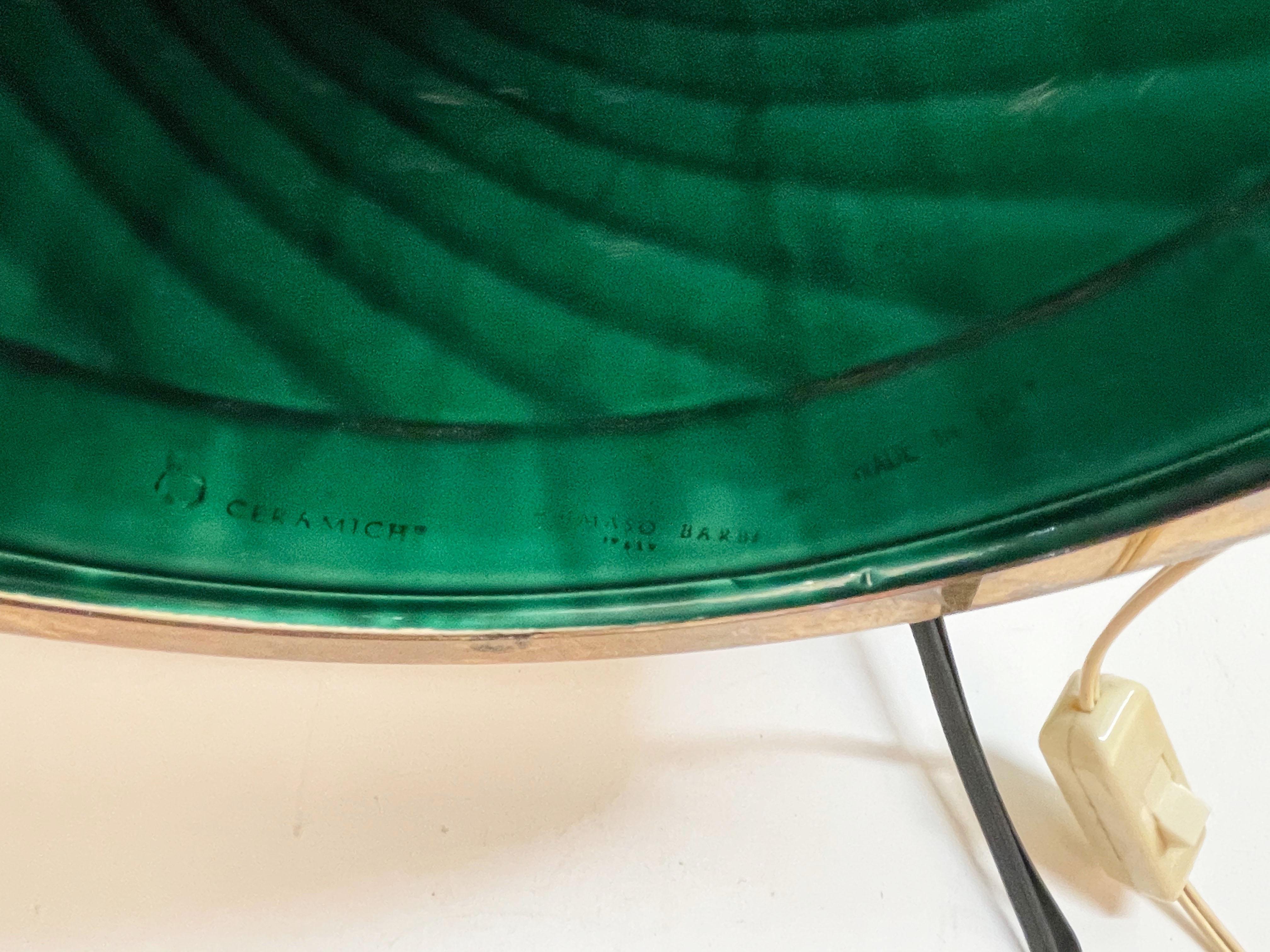 Tommaso Barbi Midcentury Green Ceramic and Brass Italian Table Lamp, 1960s 5