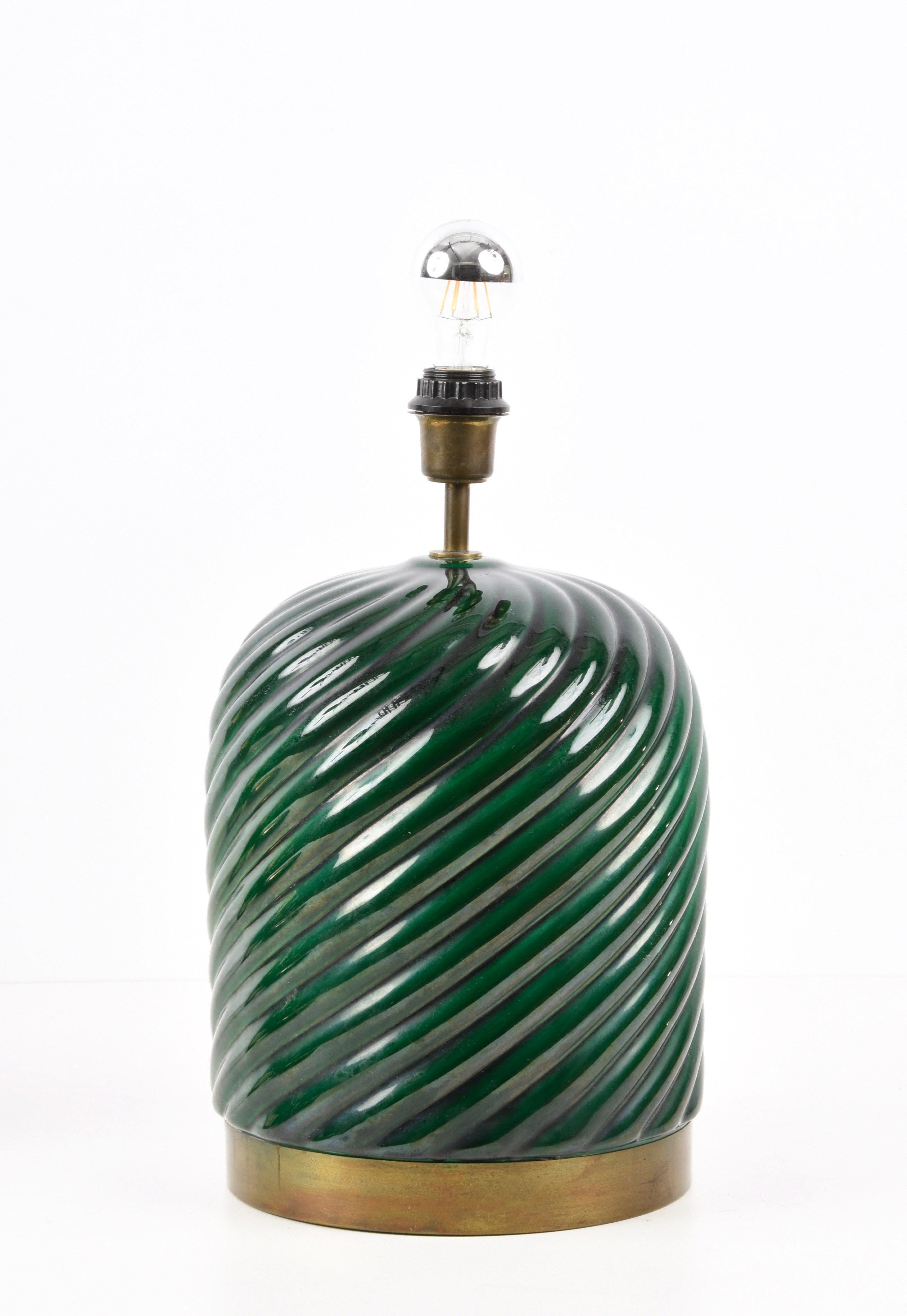 Tommaso Barbi Midcentury Green Ceramic and Brass Italian Table Lamp, 1960s 7