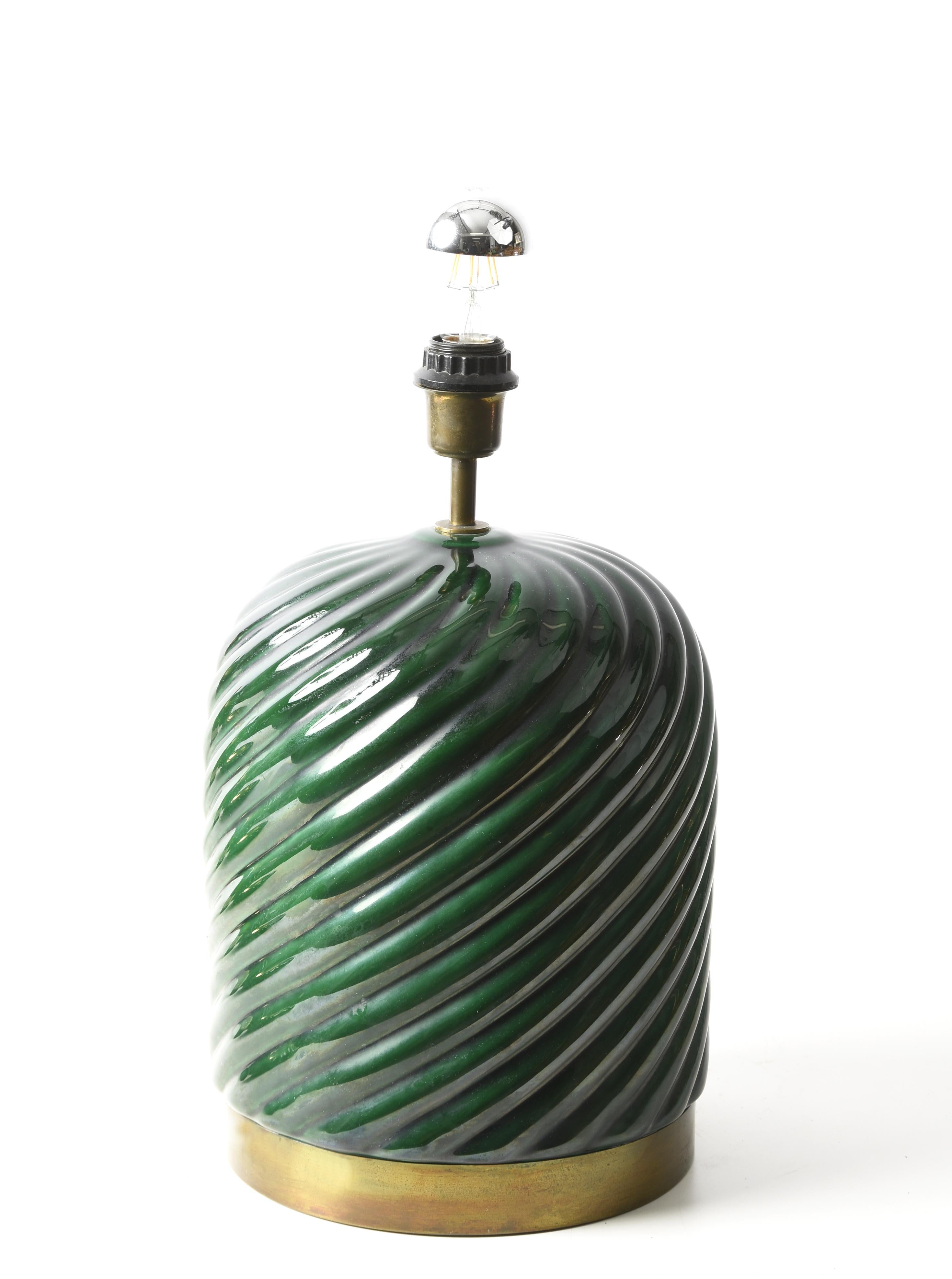 Tommaso Barbi Midcentury Green Ceramic and Brass Italian Table Lamp, 1960s 8