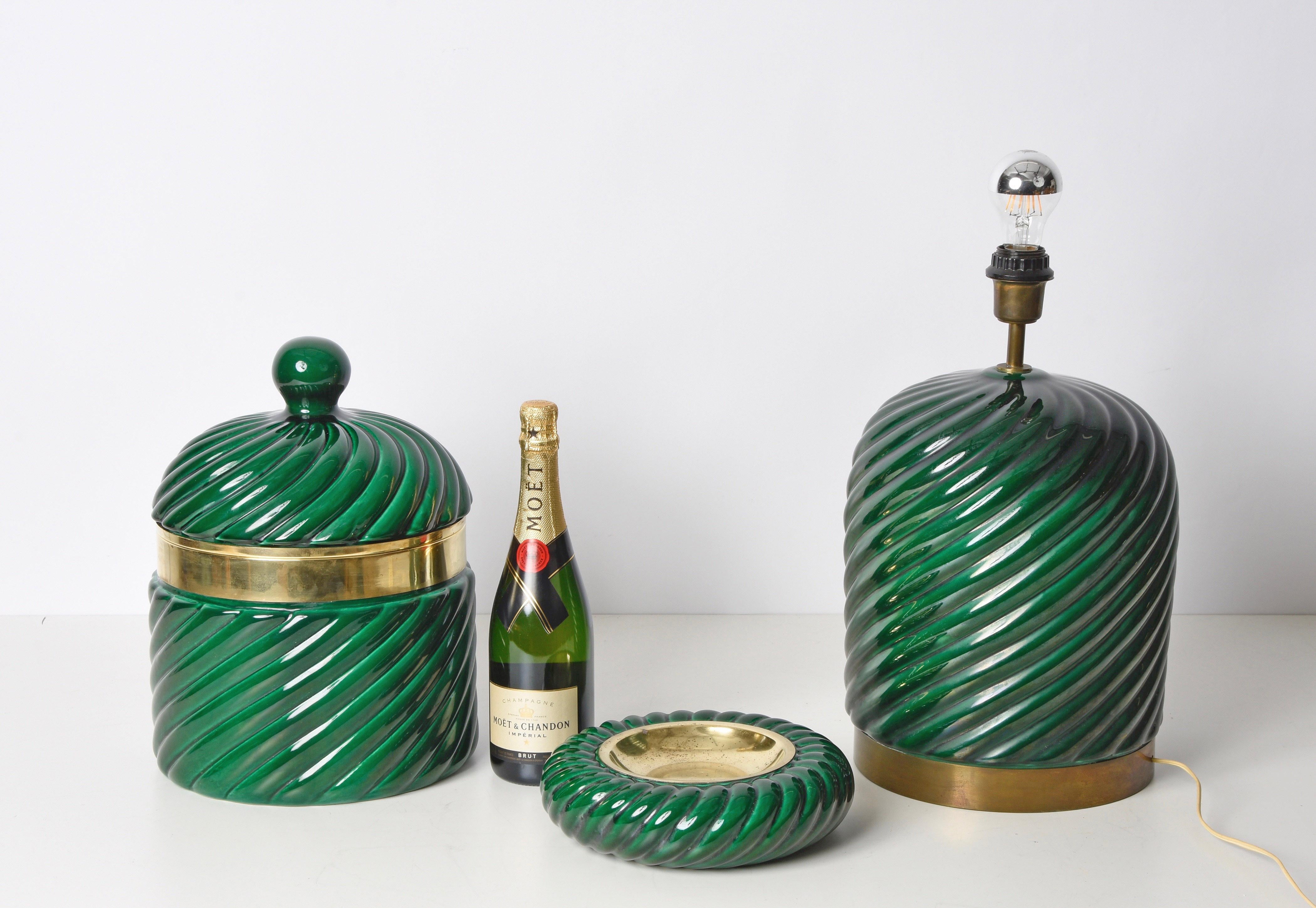 Tommaso Barbi Midcentury Green Ceramic and Brass Italian Table Lamp, 1960s 9