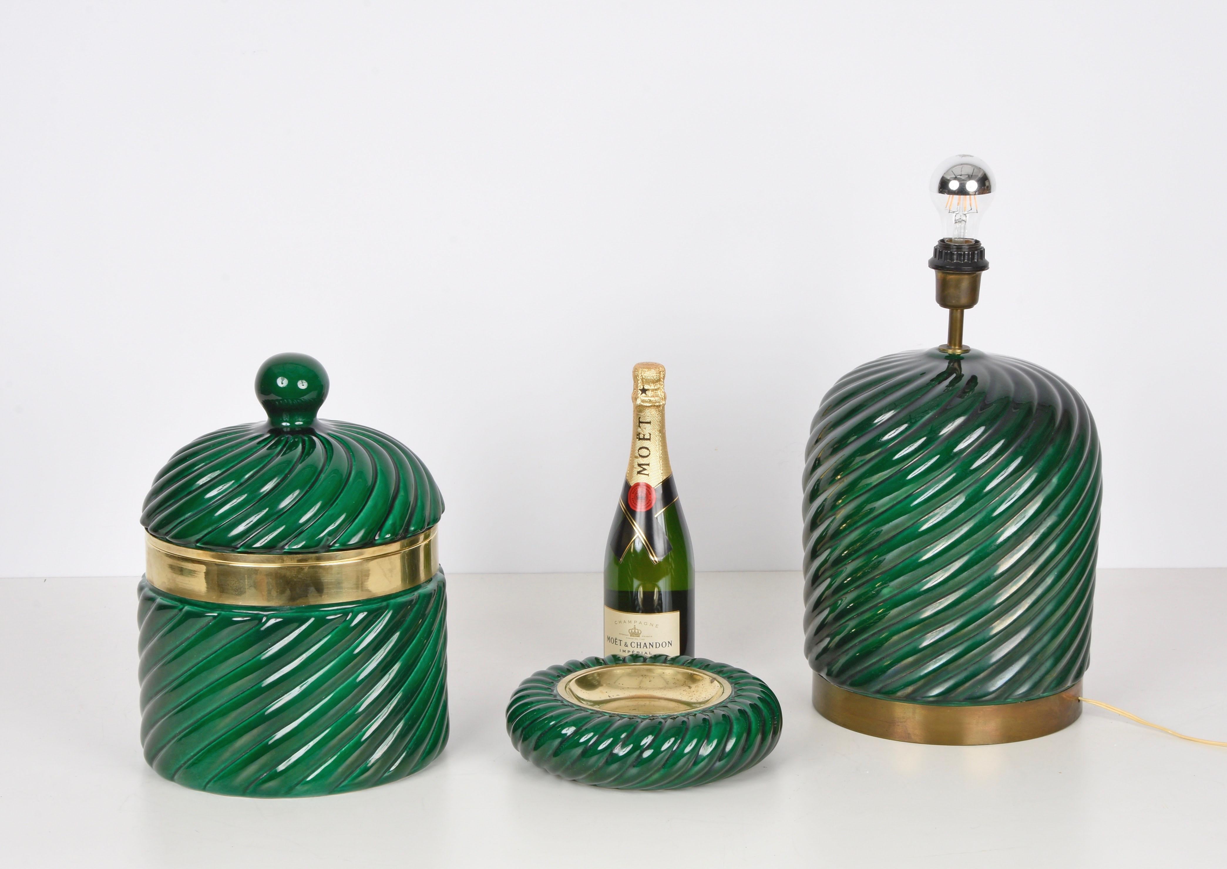 Tommaso Barbi Midcentury Green Ceramic and Brass Italian Table Lamp, 1960s 11