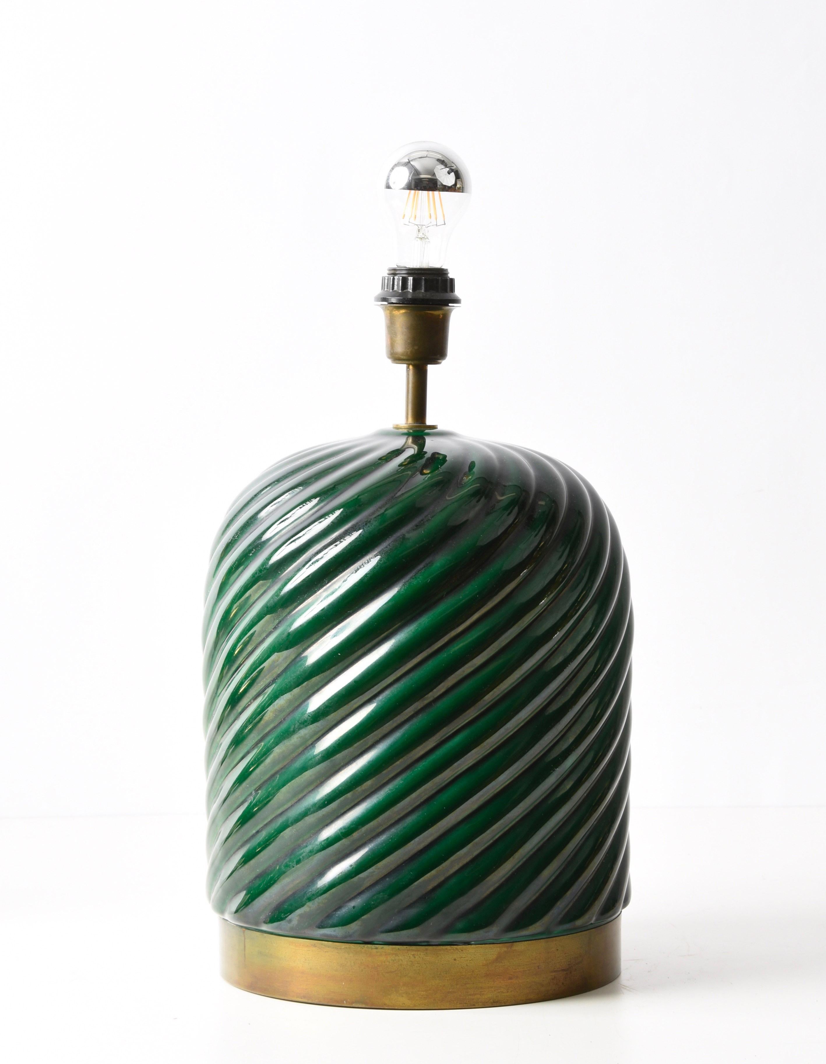 Mid-Century Modern Tommaso Barbi Midcentury Green Ceramic and Brass Italian Table Lamp, 1960s