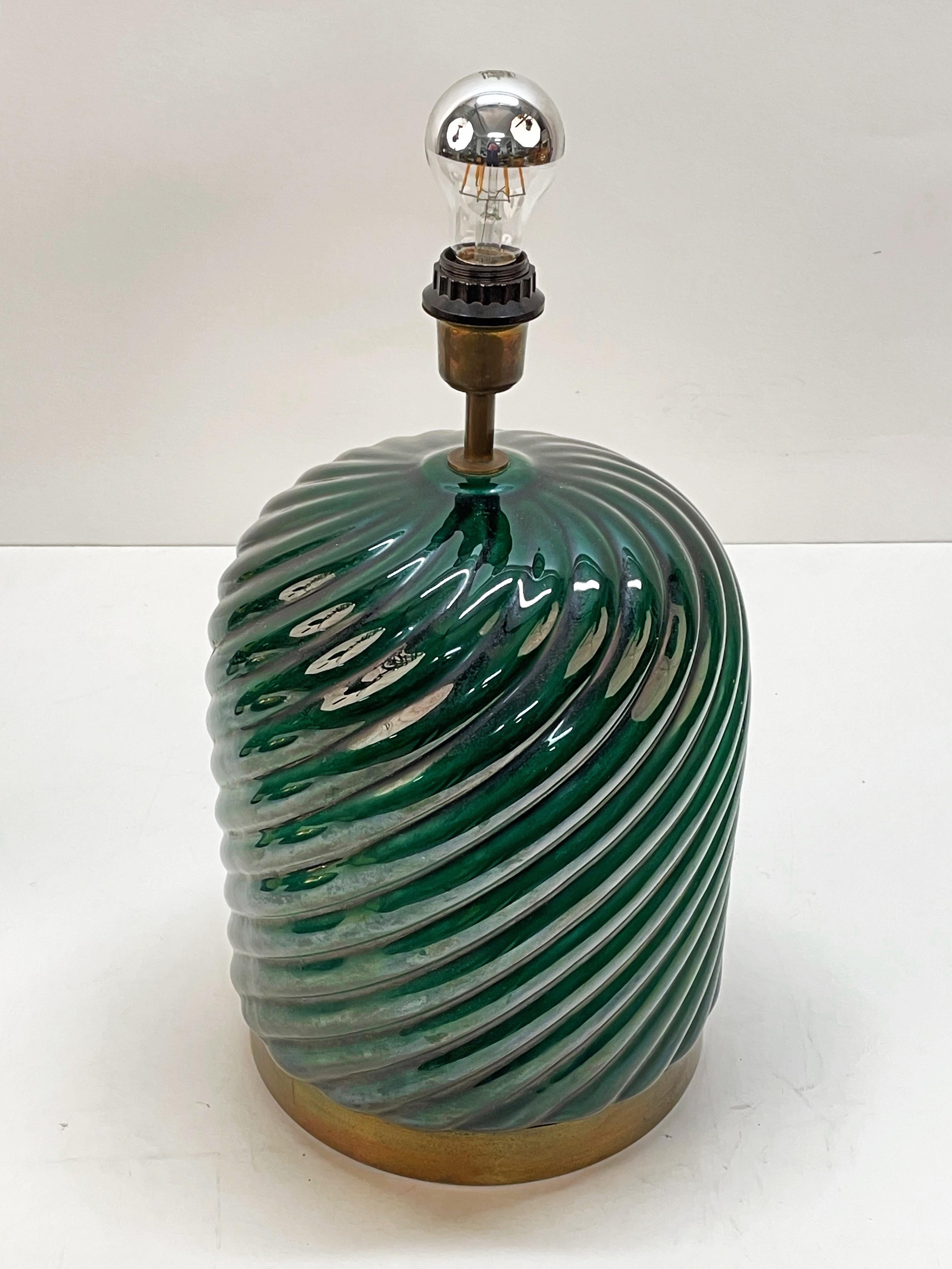 Enameled Tommaso Barbi Midcentury Green Ceramic and Brass Italian Table Lamp, 1960s