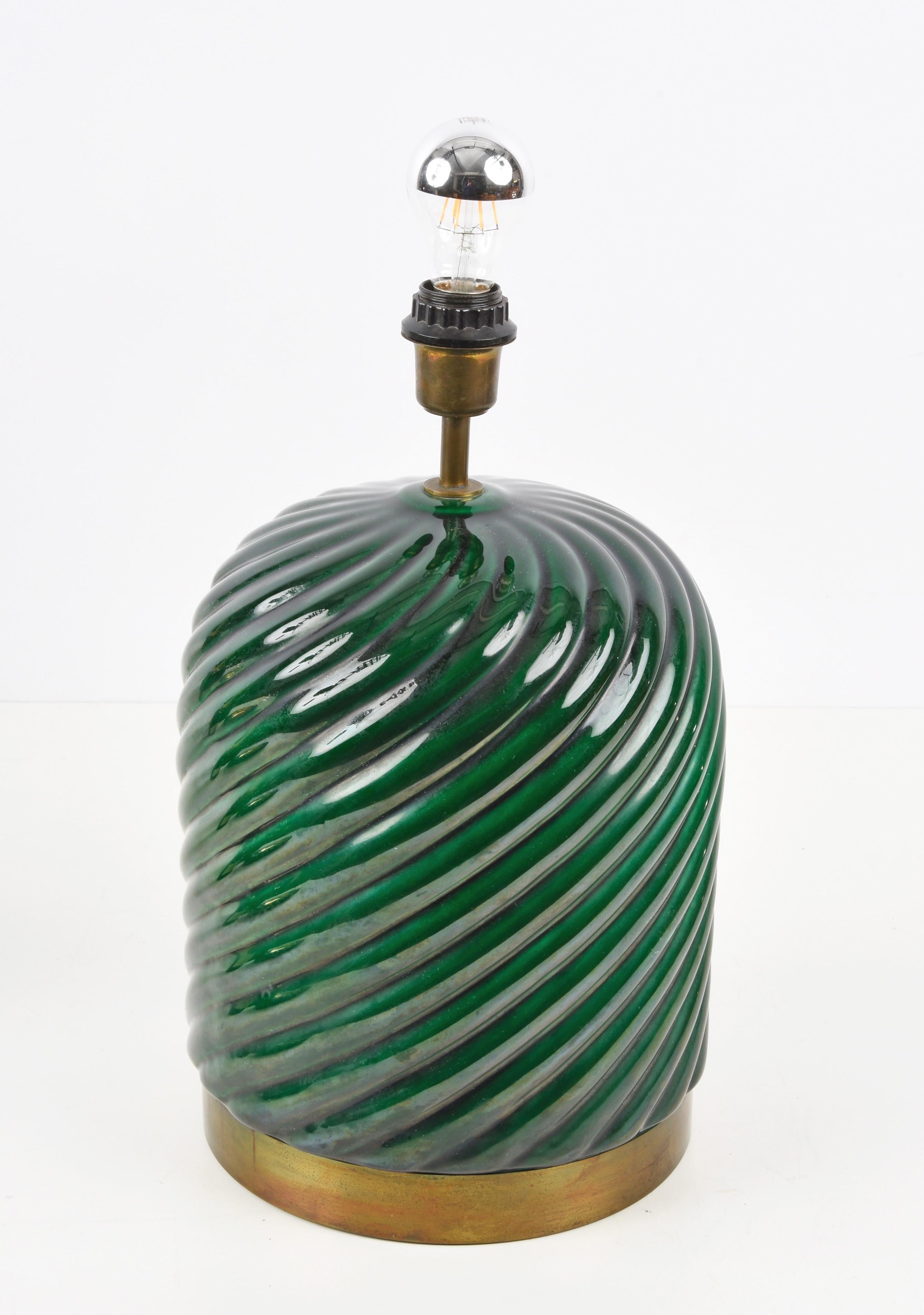Tommaso Barbi Midcentury Green Ceramic and Brass Italian Table Lamp, 1960s 1
