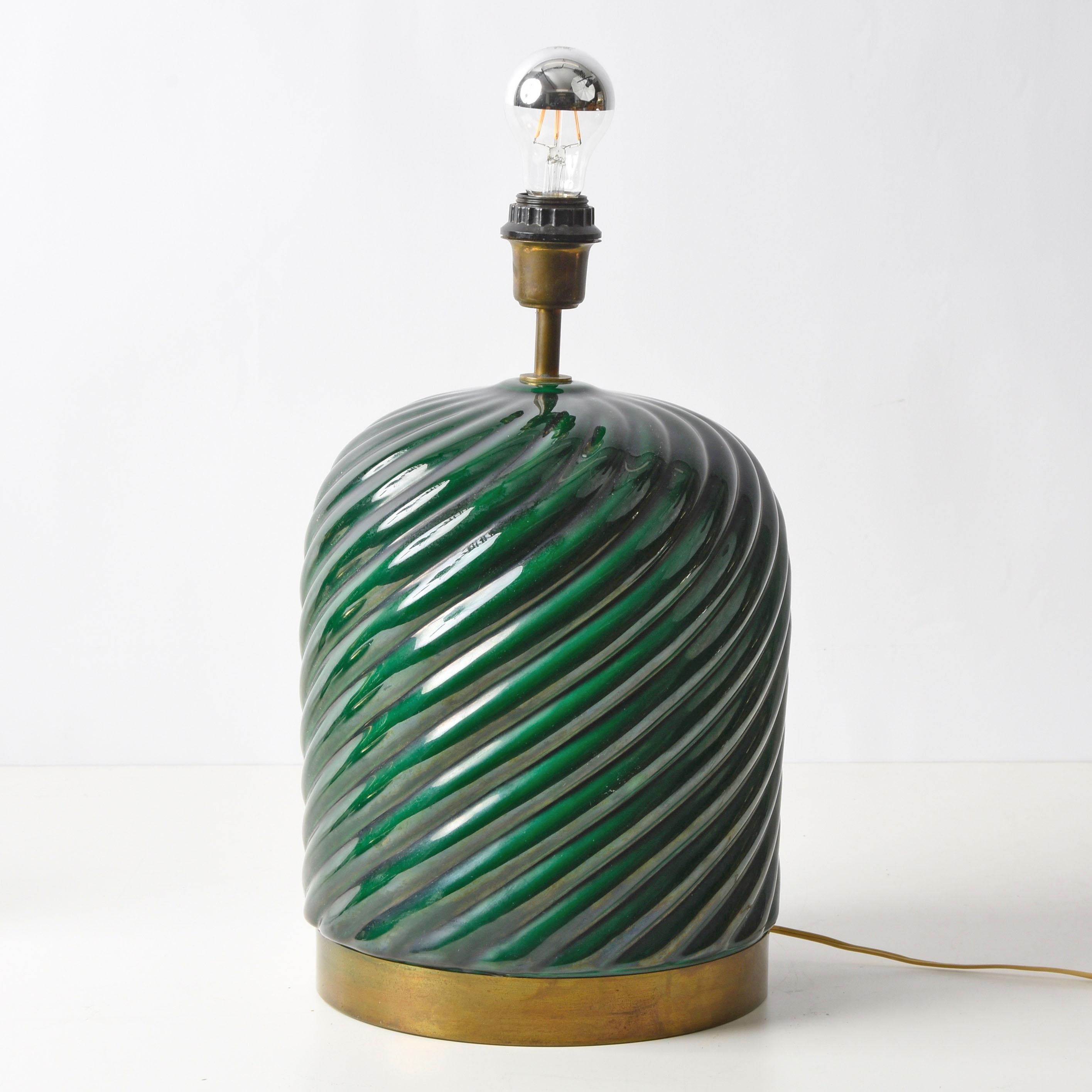 Tommaso Barbi Midcentury Green Ceramic and Brass Italian Table Lamp, 1960s 2
