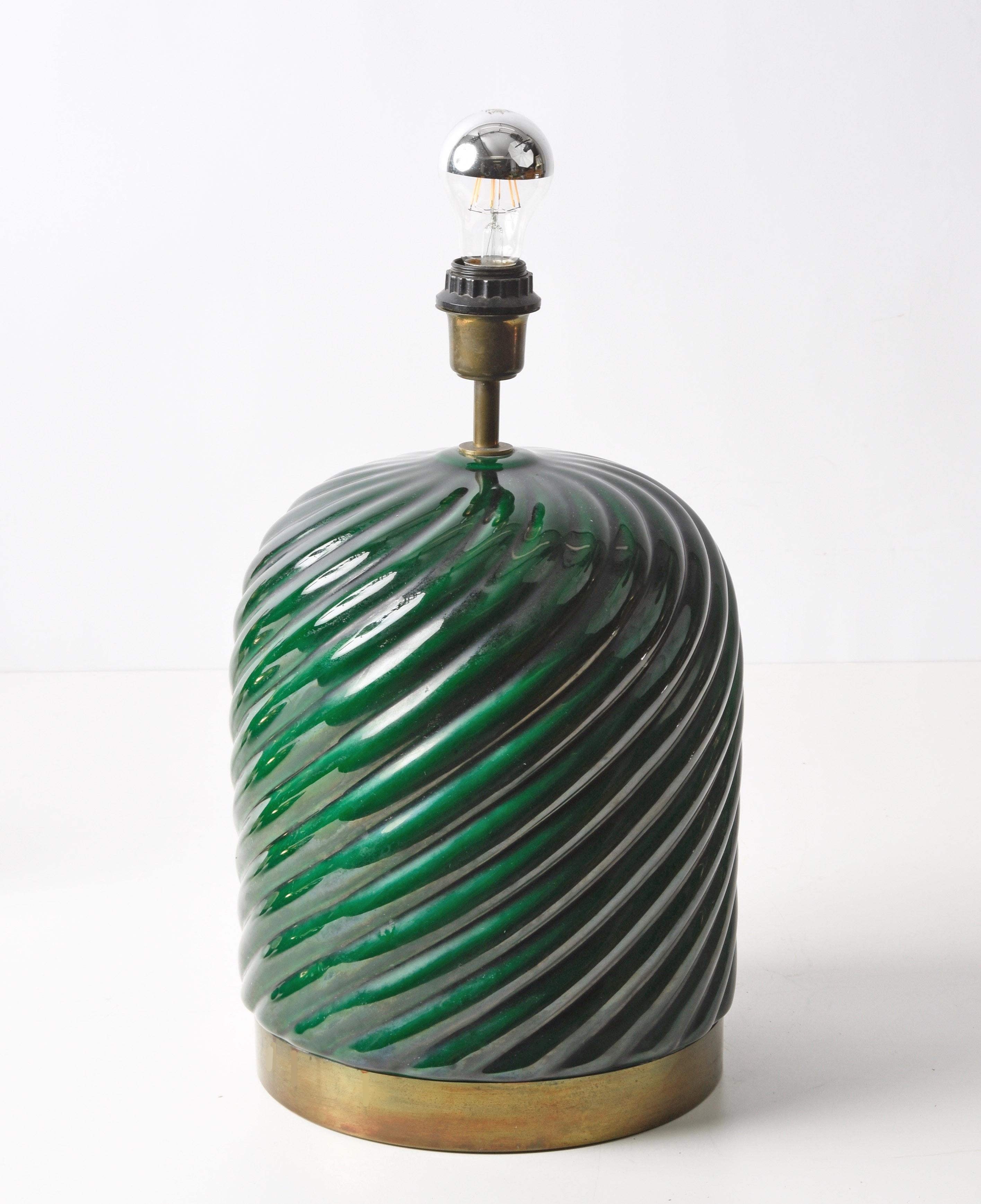 Tommaso Barbi Midcentury Green Ceramic and Brass Italian Table Lamp, 1960s 3