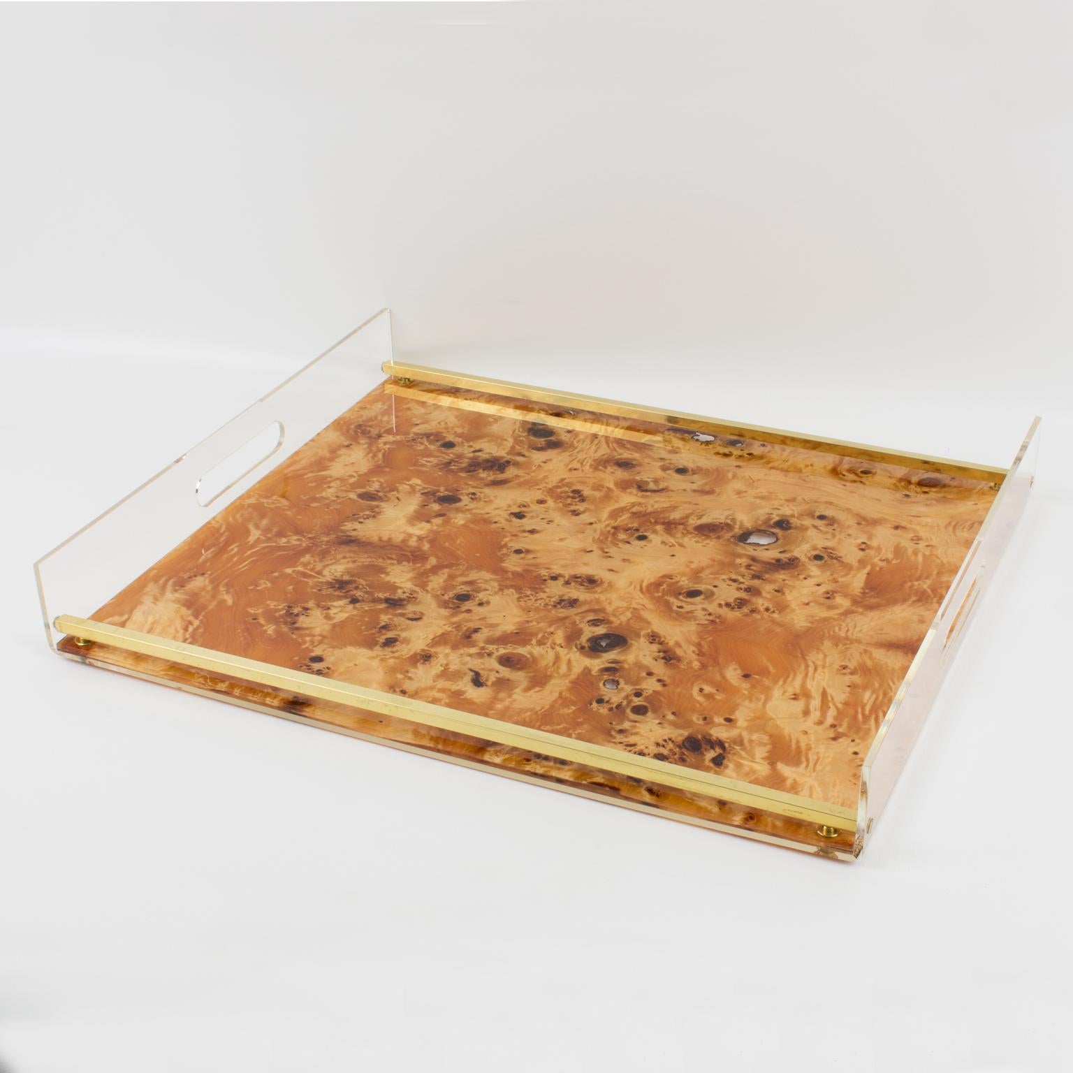 Elegant large barware serving tray by Italian designer Tommaso Barbi. Rectangular large butler shape with gilt brass gallery, crystal clear Lucite, and real burl wood veneer sheet embedded in the Lucite. Perfect for any modern interior or