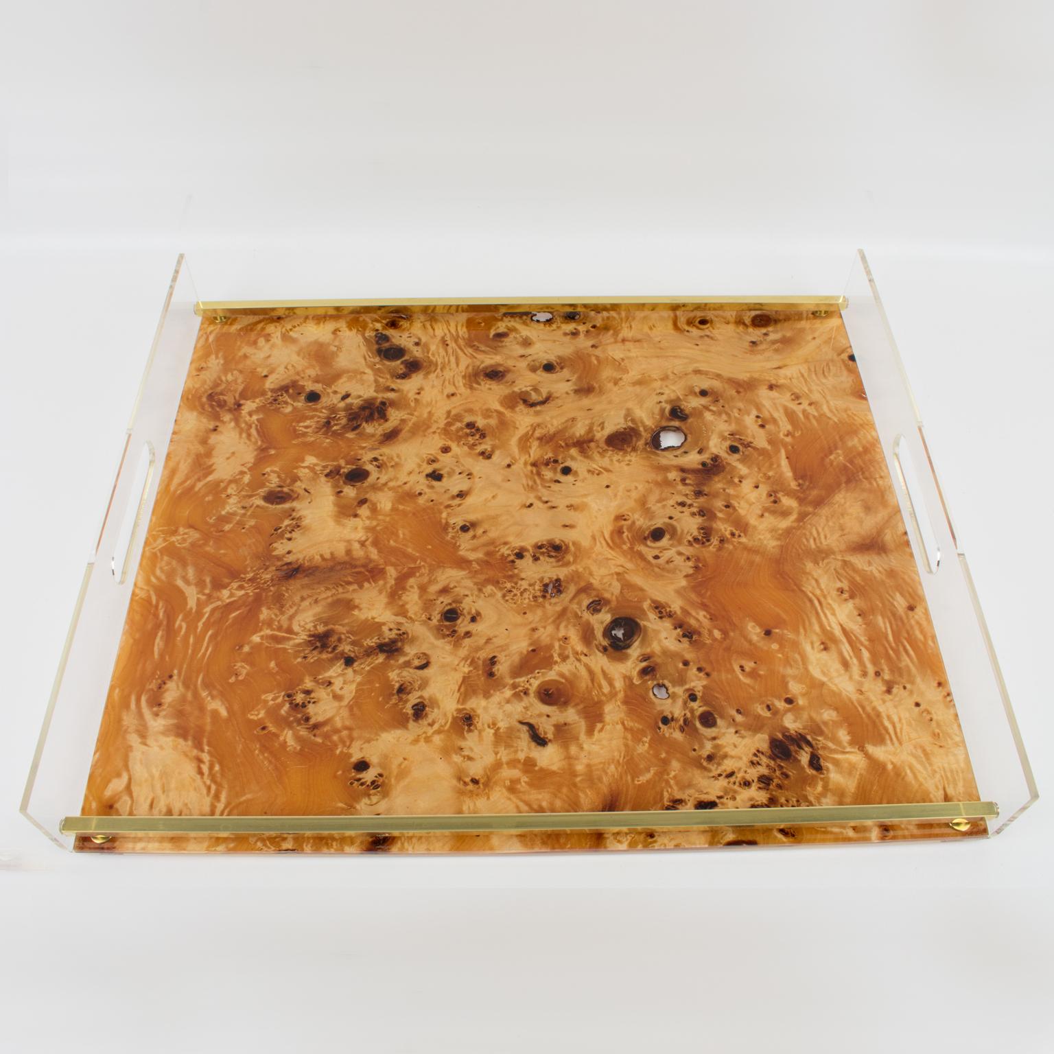Tommaso Barbi Lucite and Burl Wood Barware Tray, Italy 1970s In Excellent Condition In Atlanta, GA