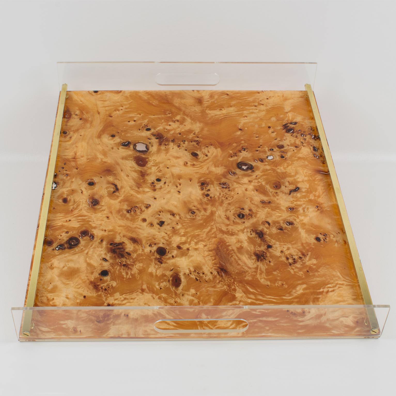 Tommaso Barbi Lucite and Burl Wood Barware Tray, Italy 1970s 2