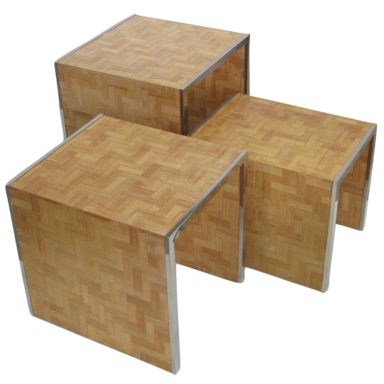 Tommaso Barbi 1970s Straw Marquetry Three Nesting Stacking Tables In Good Condition In Atlanta, GA