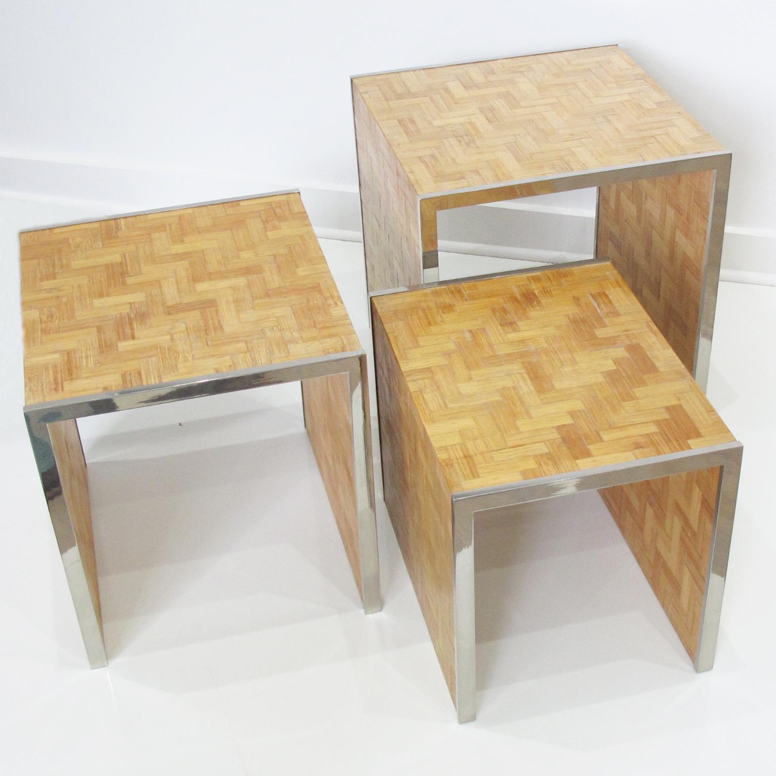 Late 20th Century Tommaso Barbi 1970s Straw Marquetry Three Nesting Stacking Tables