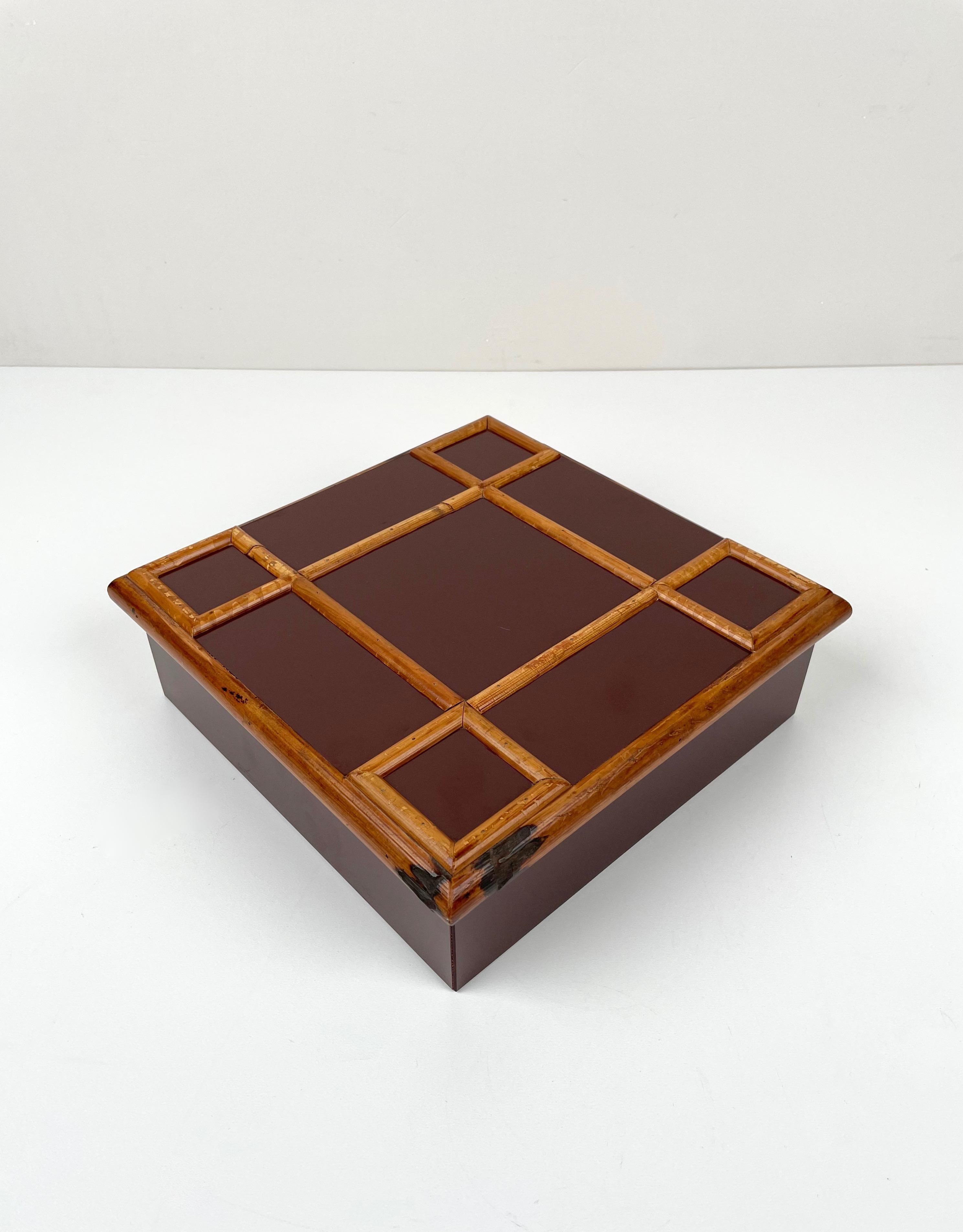 Mid-Century Modern Tommaso Barbi Bamboo and Wood Squared Box, Italy, 1960s For Sale