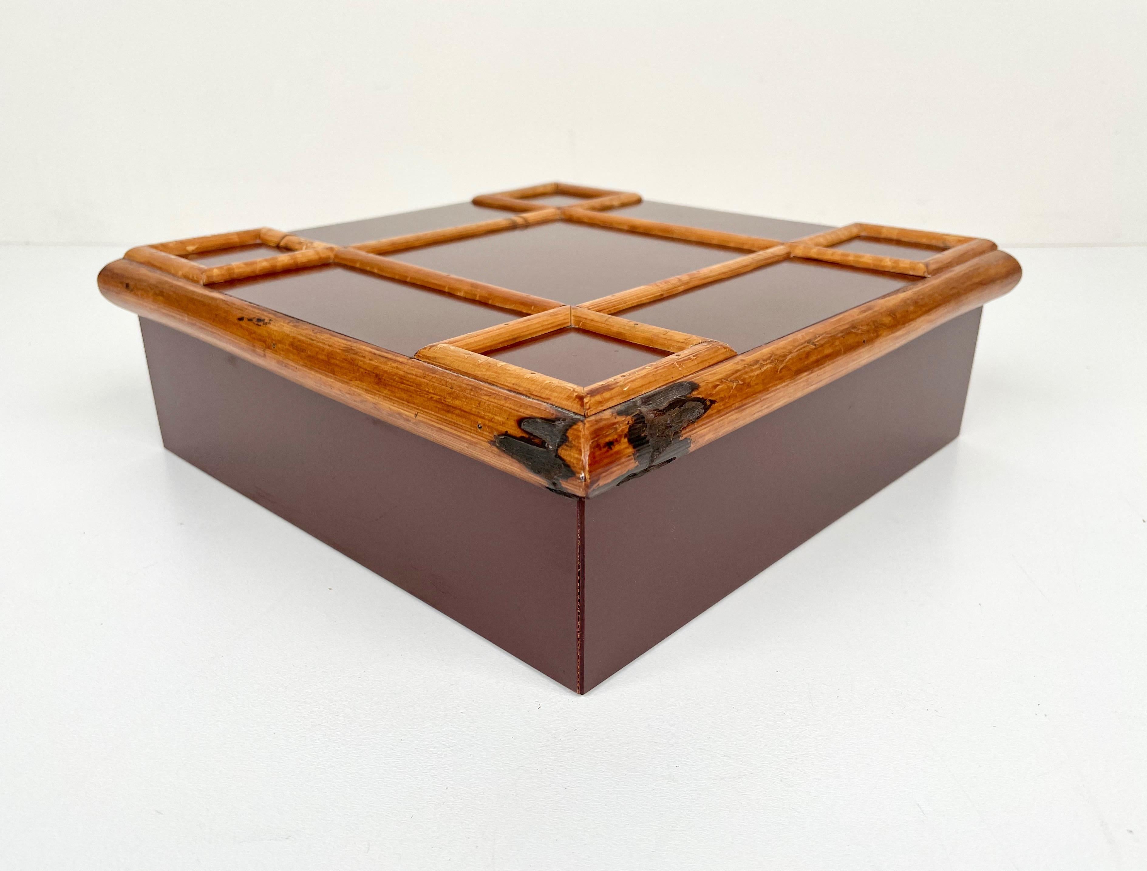 Italian Tommaso Barbi Bamboo and Wood Squared Box, Italy, 1960s For Sale