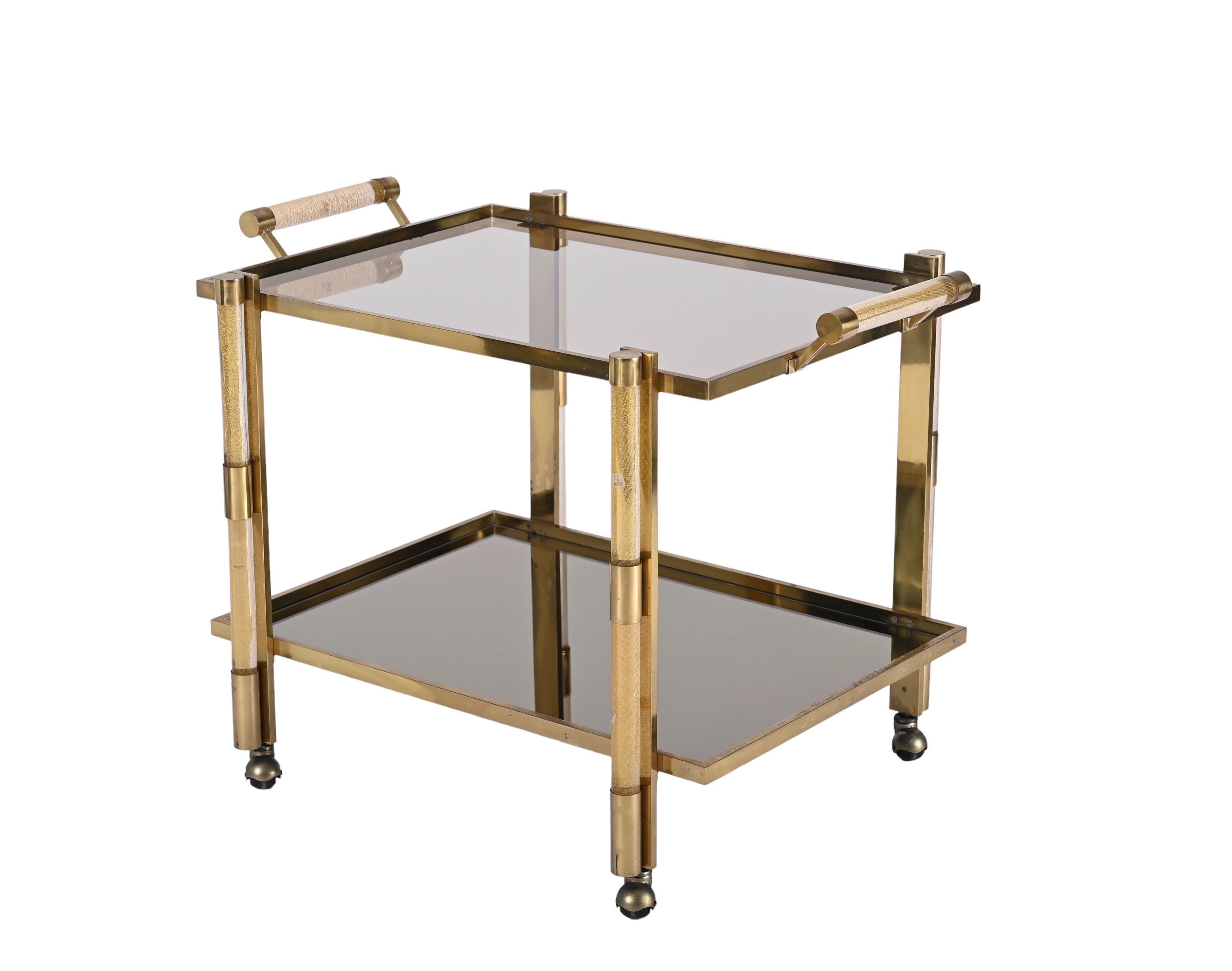 Tommaso Barbi Bar Cart, Brass, Glass and Gold, Vetri Di Murano, Italy, 1970s 1