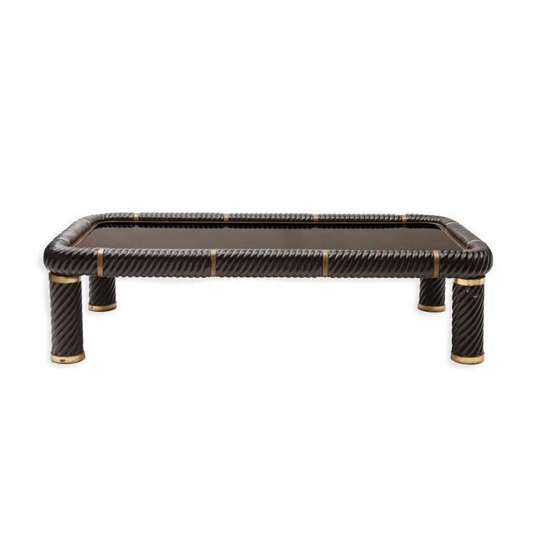 Late 20th Century Tommaso Barbi Black Ceramic and Brass Coffee Table, Glass Top For Sale