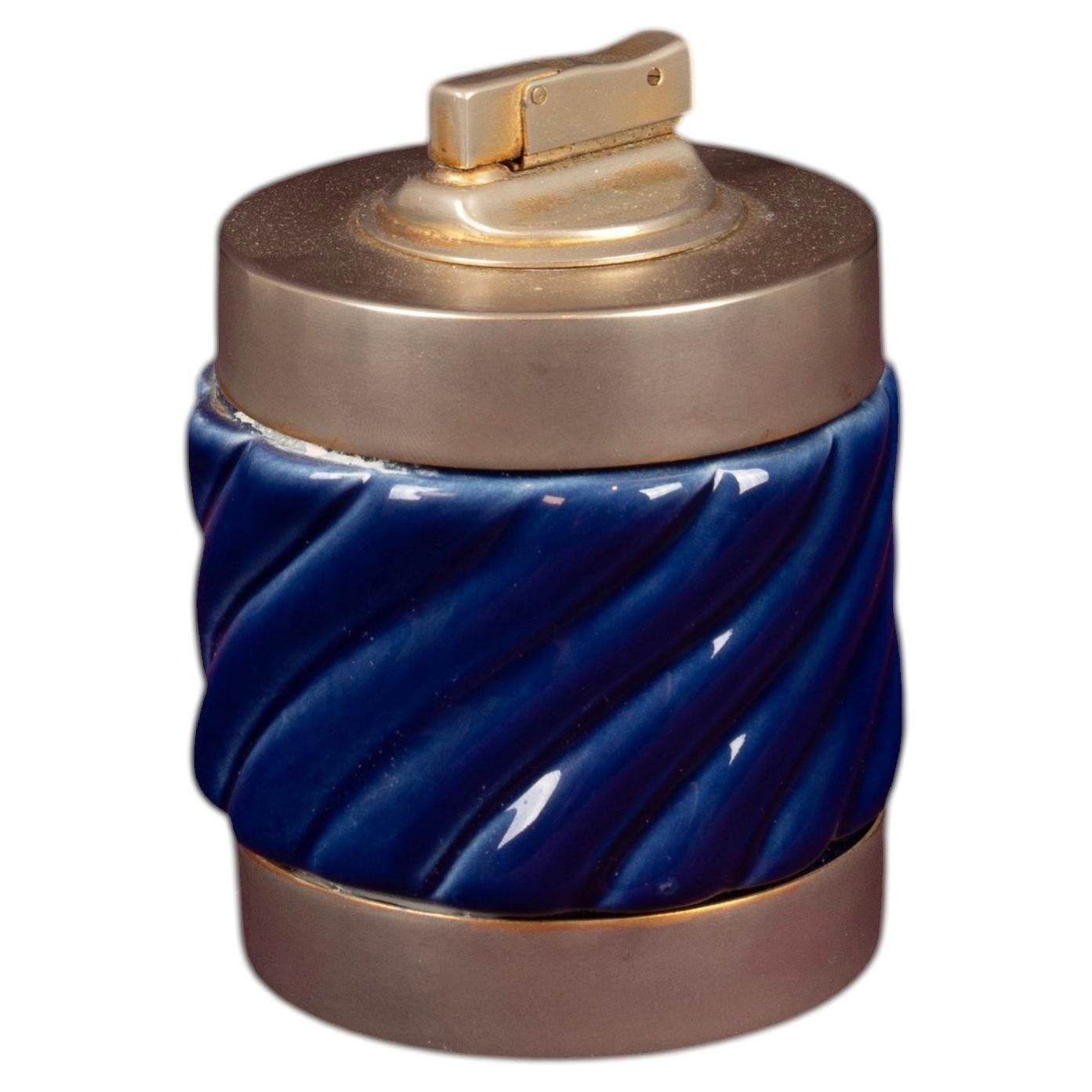Tommaso Barbi Blue Glazed Ceramic & Brass-Toned Metal Table Lighter, Italy, 1970s