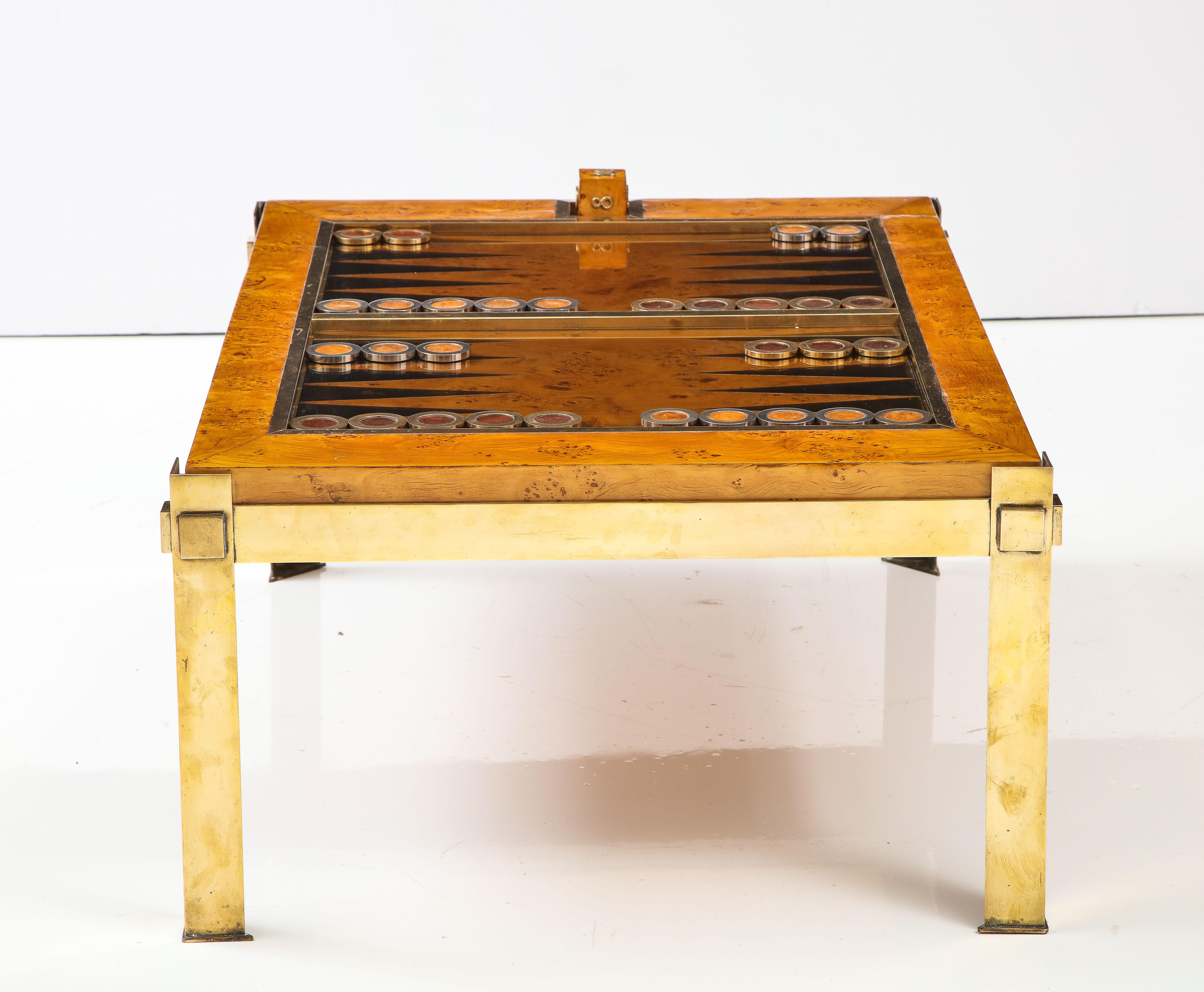 Tommaso Barbi Brass and Burl Wood Backgammon Coffee Table, Italy 1960's 3