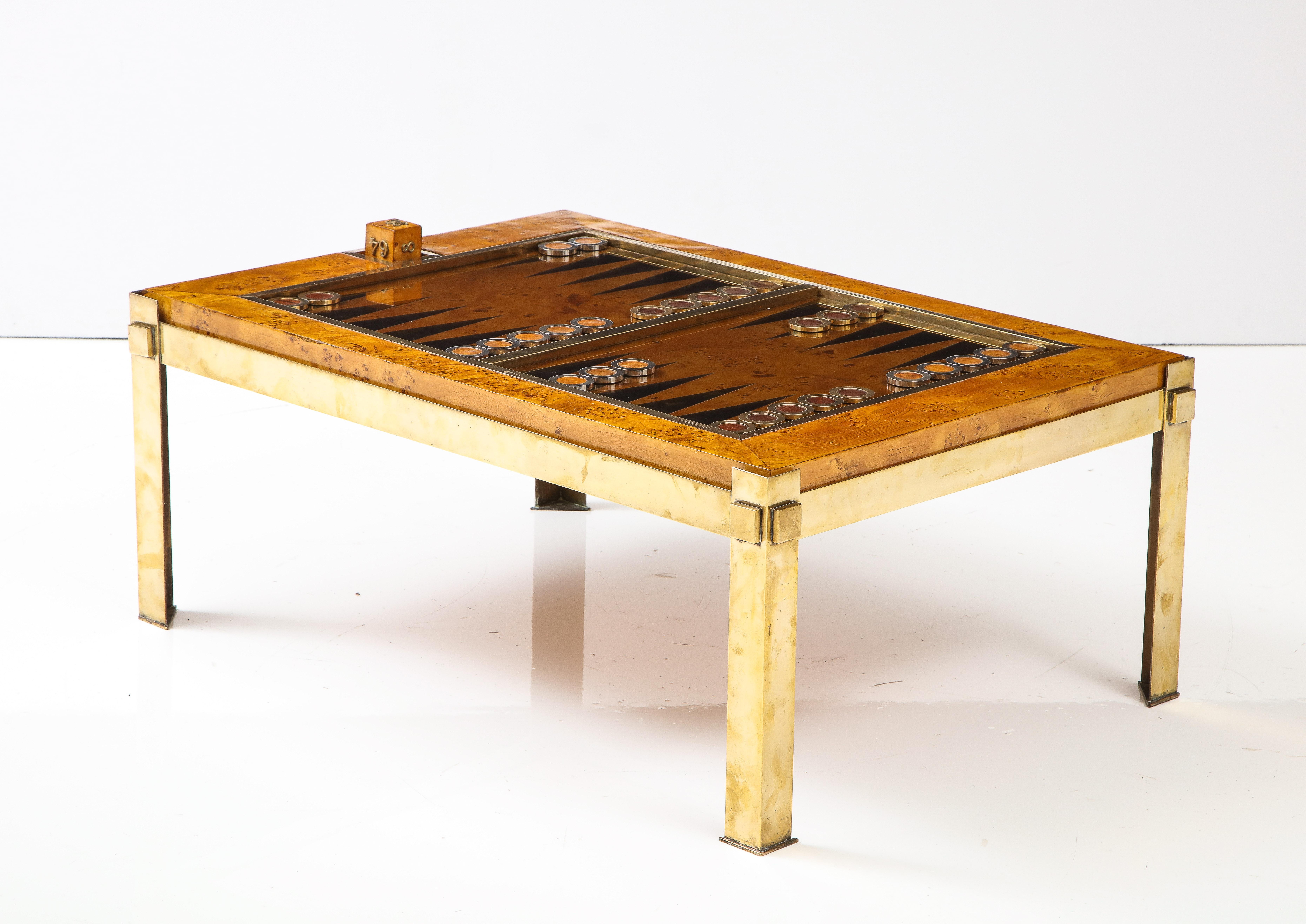 Tommaso Barbi Brass and Burl Wood Backgammon Coffee Table, Italy 1960's 4