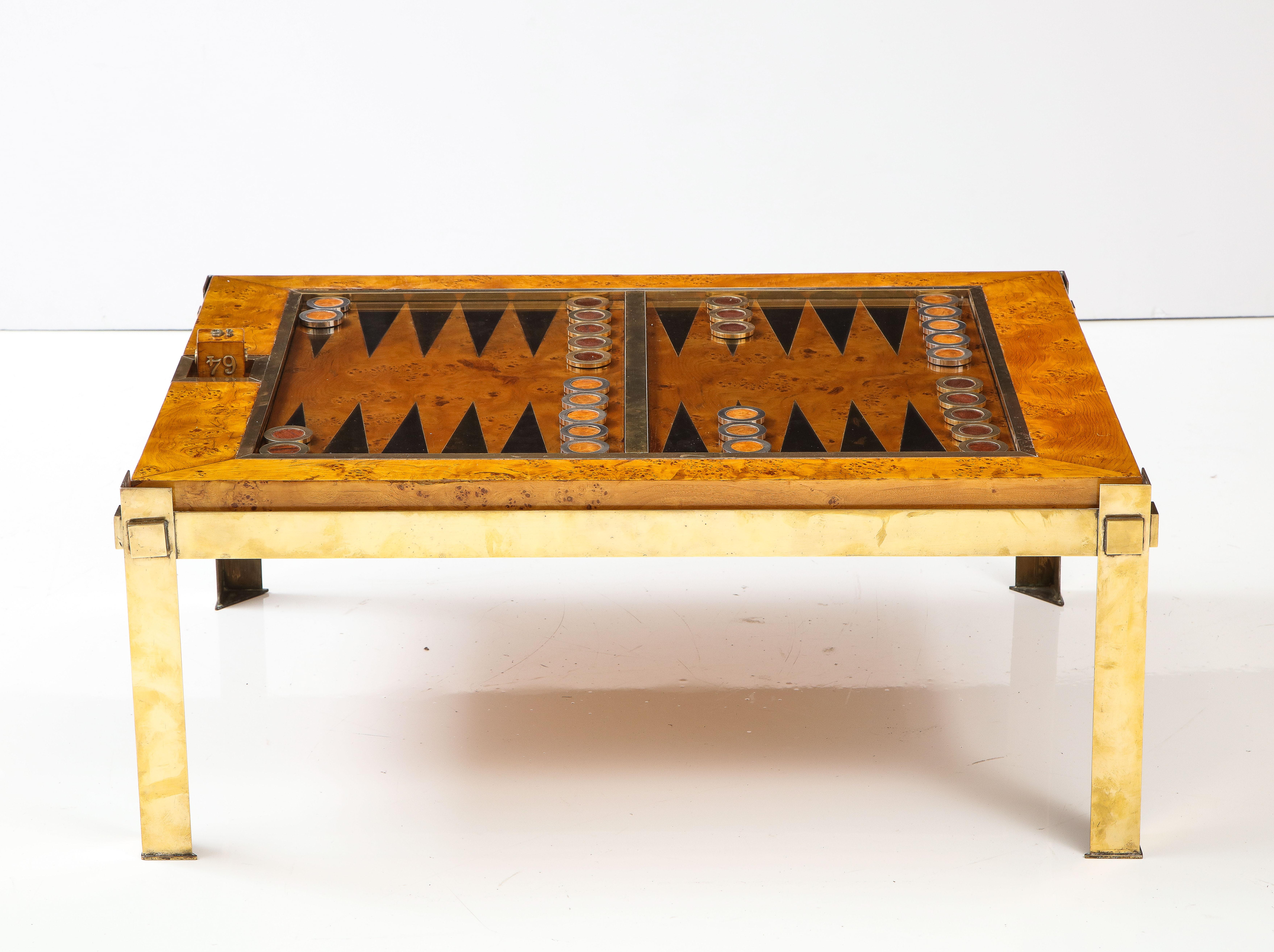 Tommaso Barbi Brass and Burl Wood Backgammon Coffee Table, Italy 1960's 5