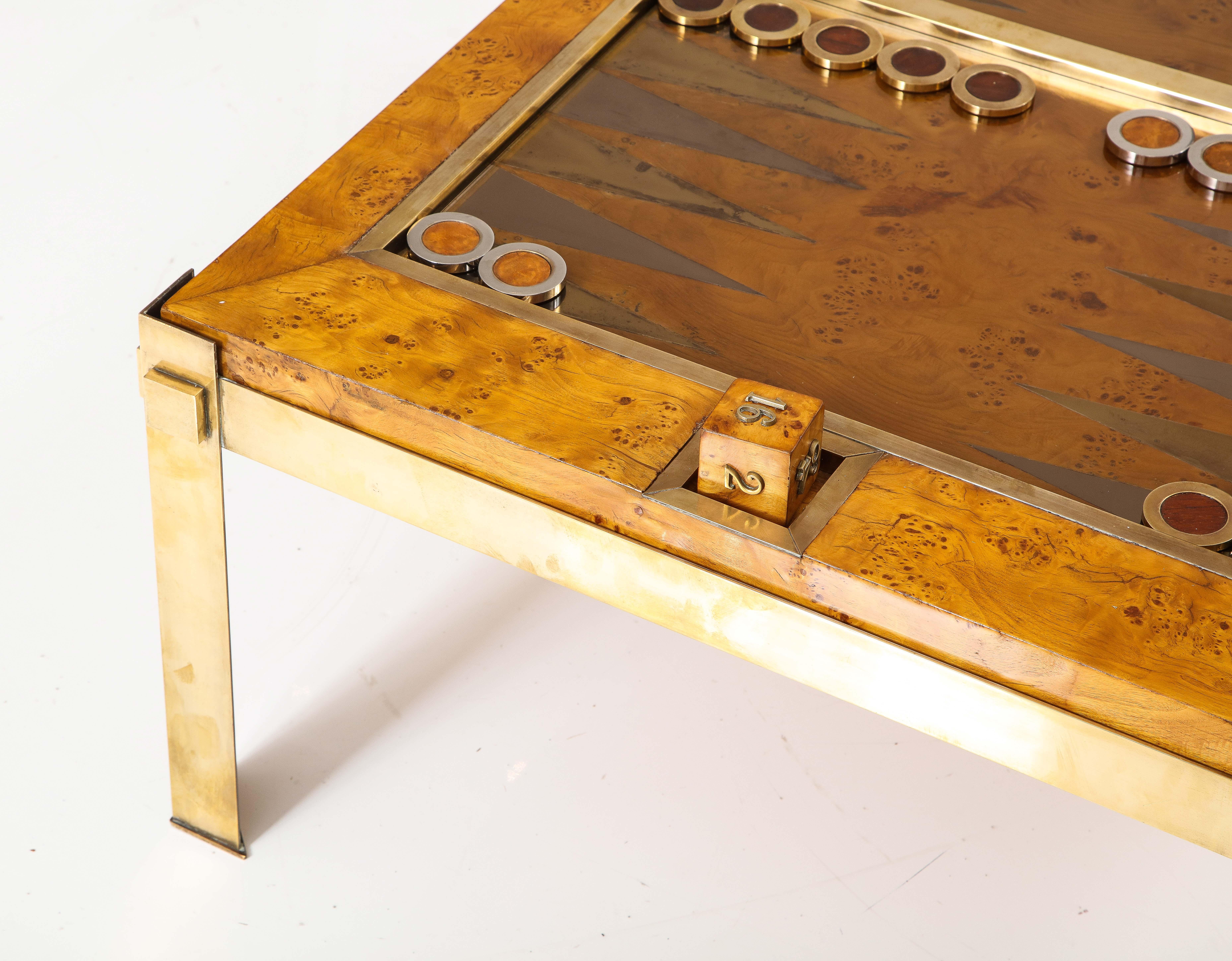 Tommaso Barbi Brass and Burl Wood Backgammon Coffee Table, Italy 1960's 6