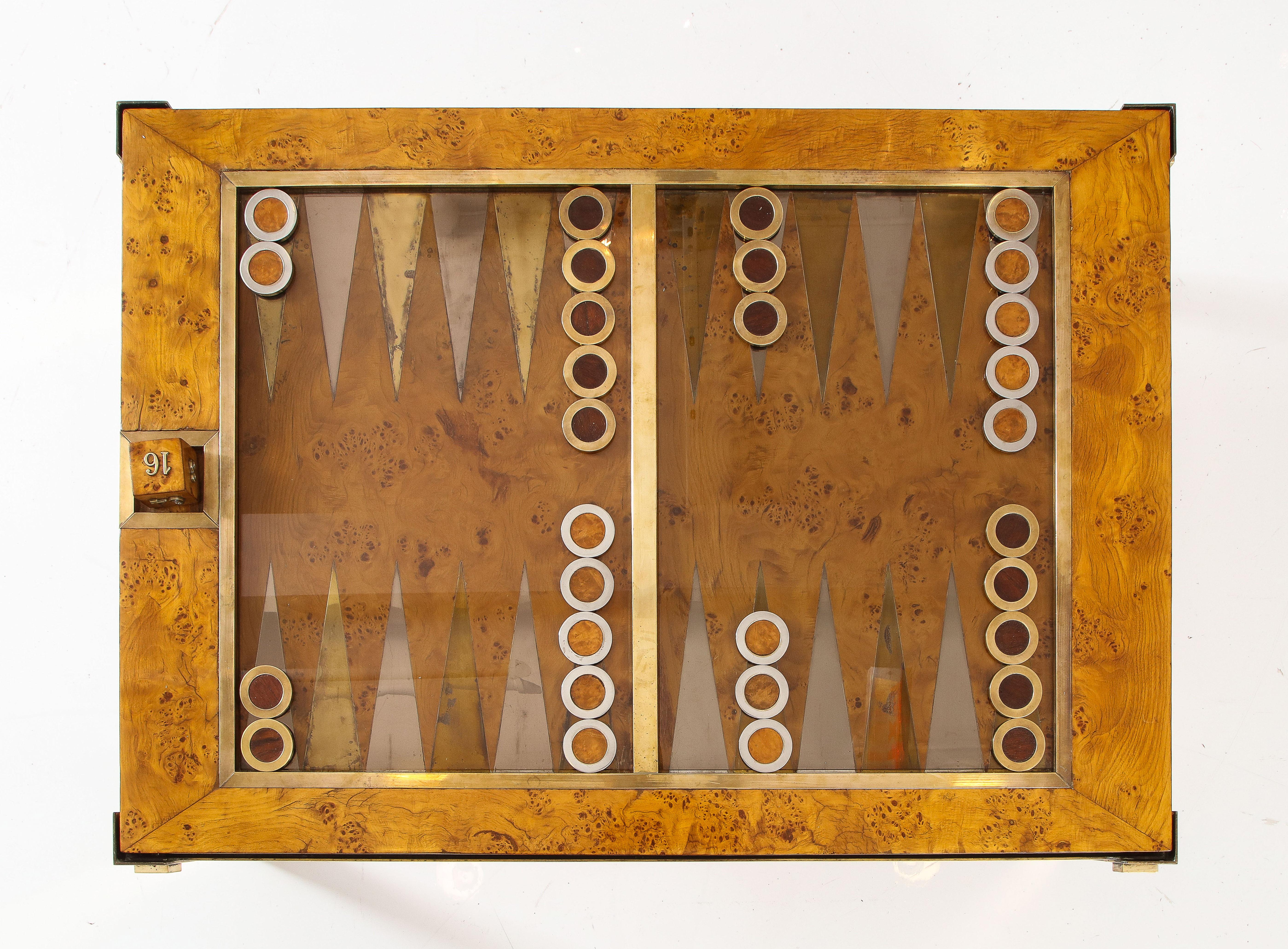 Mid-Century Modern Tommaso Barbi Brass and Burl Wood Backgammon Coffee Table, Italy 1960's