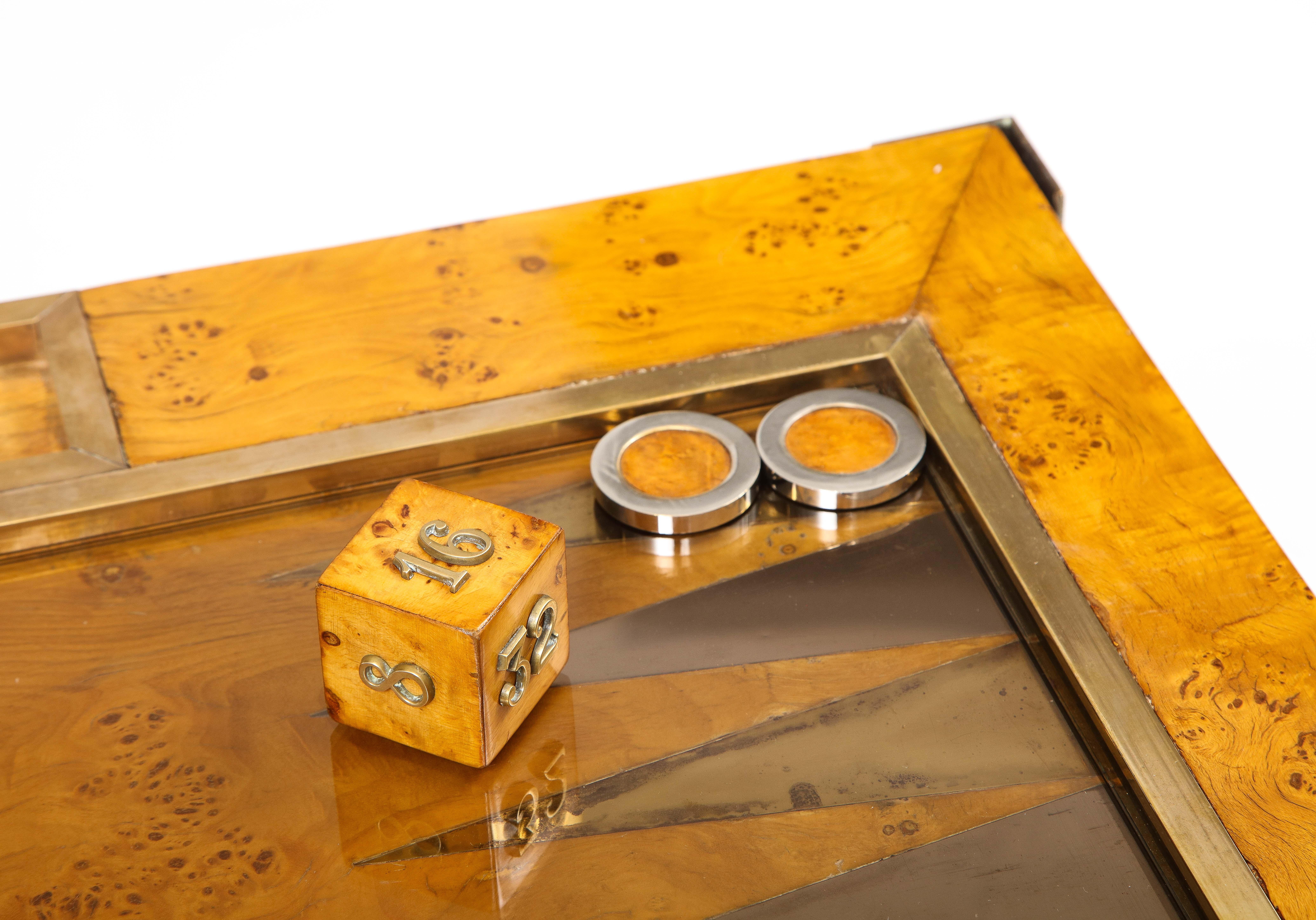 Tommaso Barbi Brass and Burl Wood Backgammon Coffee Table, Italy 1960's In Good Condition In New York, NY