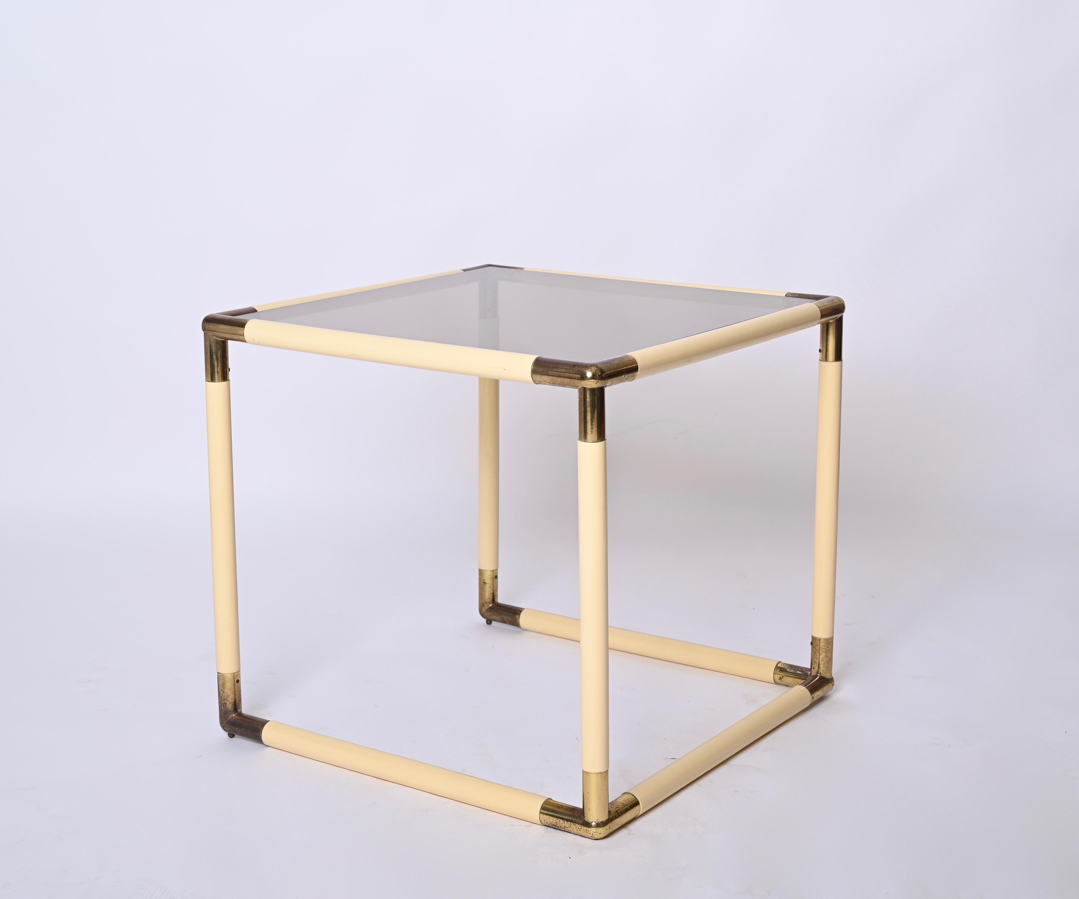 Tommaso Barbi Brass and Cream Enameled Metal Square Coffee Table, Italy, 1970s For Sale 2