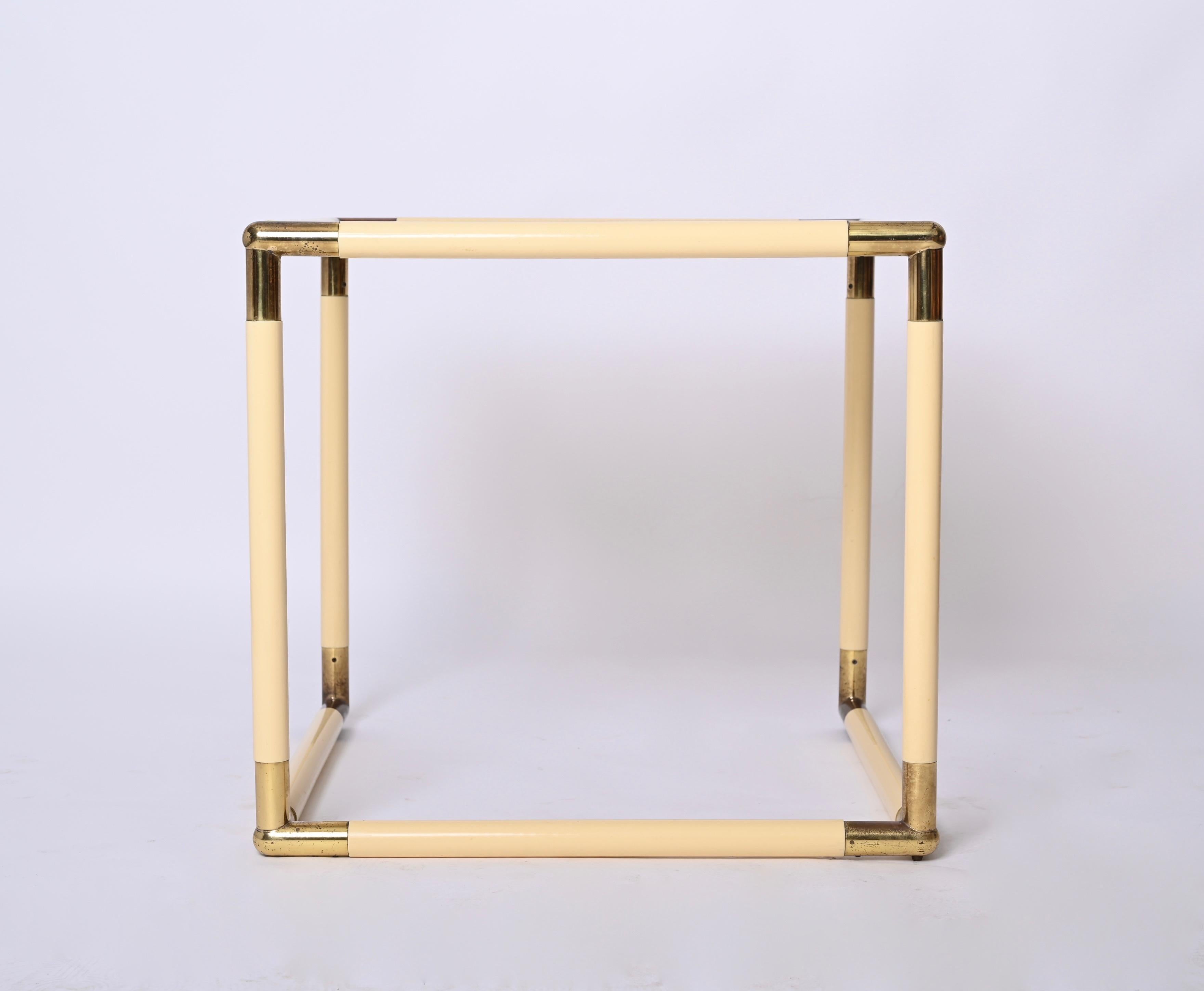 Tommaso Barbi Brass and Cream Enameled Metal Square Coffee Table, Italy, 1970s For Sale 3