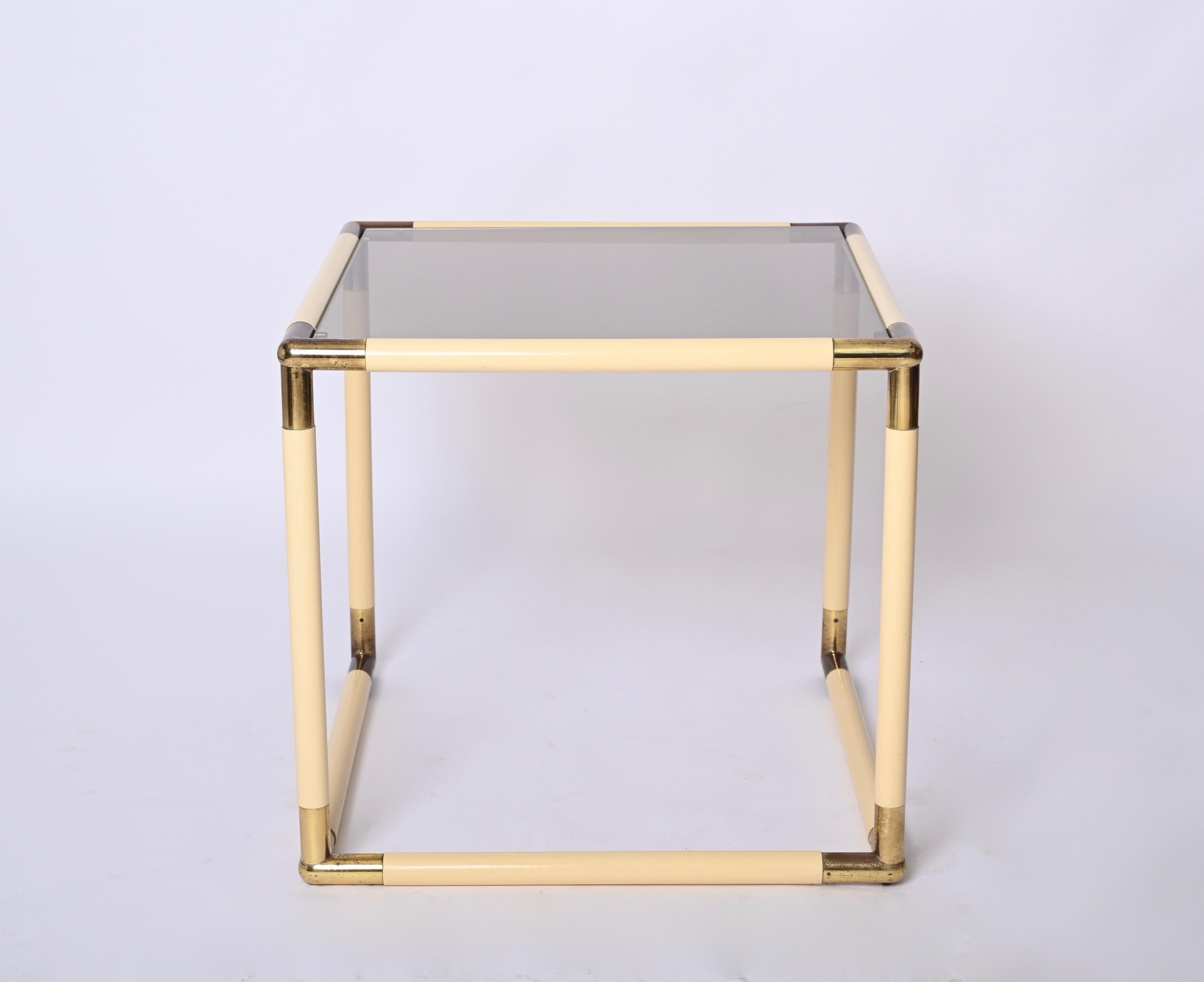 Tommaso Barbi Brass and Cream Enameled Metal Square Coffee Table, Italy, 1970s For Sale 4