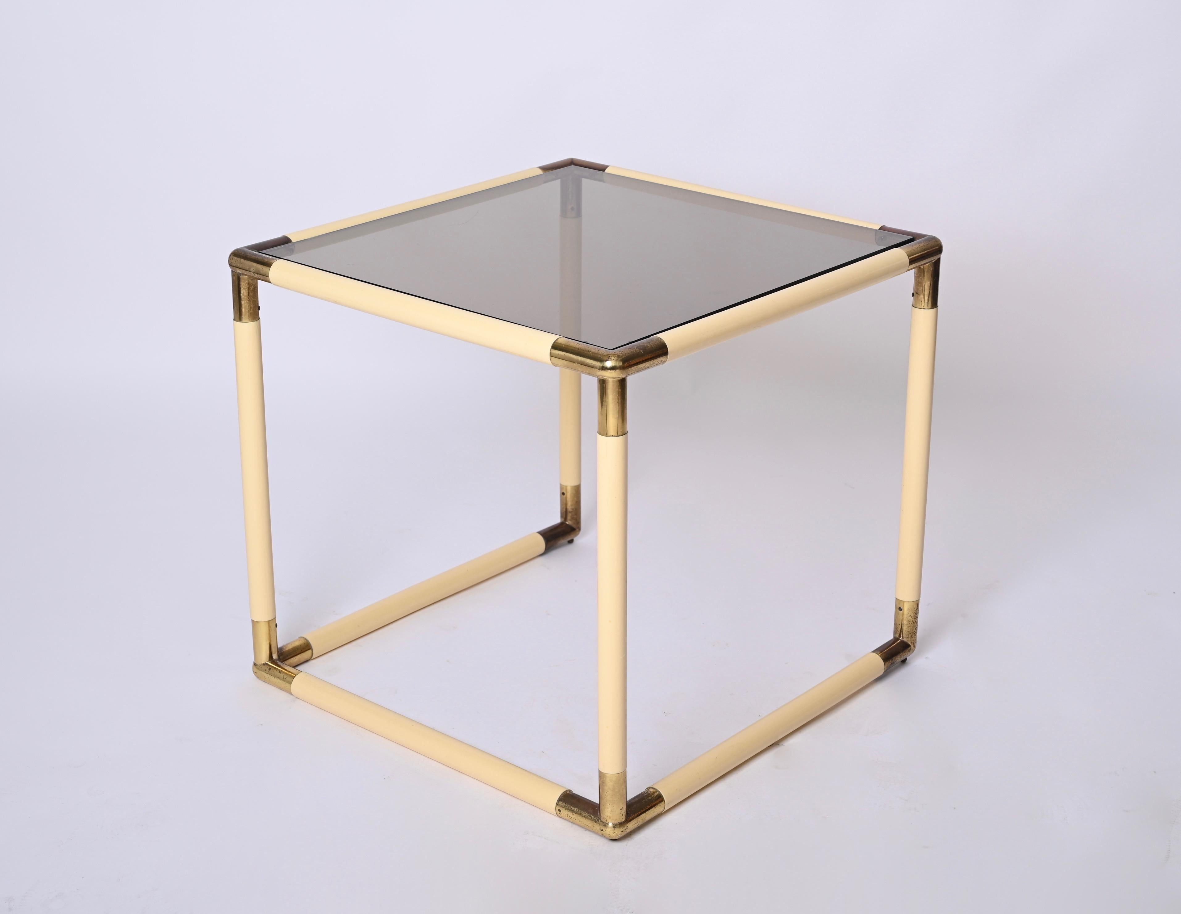 Tommaso Barbi Brass and Cream Enameled Metal Square Coffee Table, Italy, 1970s For Sale 5