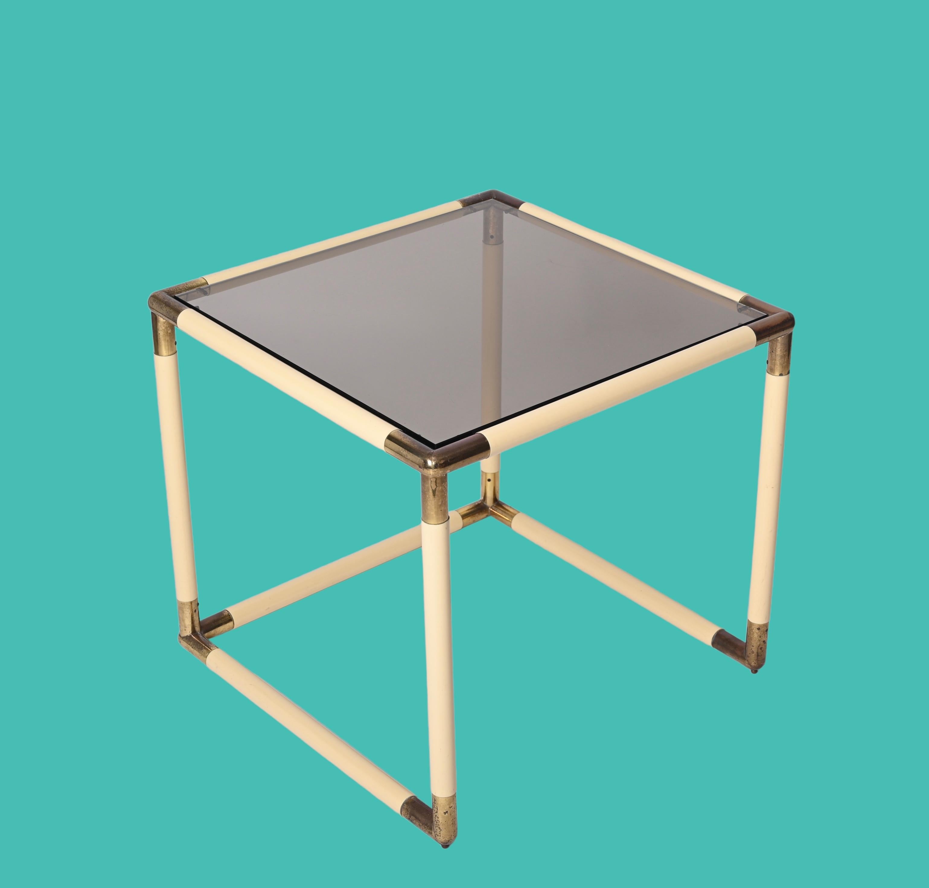 Tommaso Barbi Brass and Cream Enameled Metal Square Coffee Table, Italy, 1970s For Sale 7