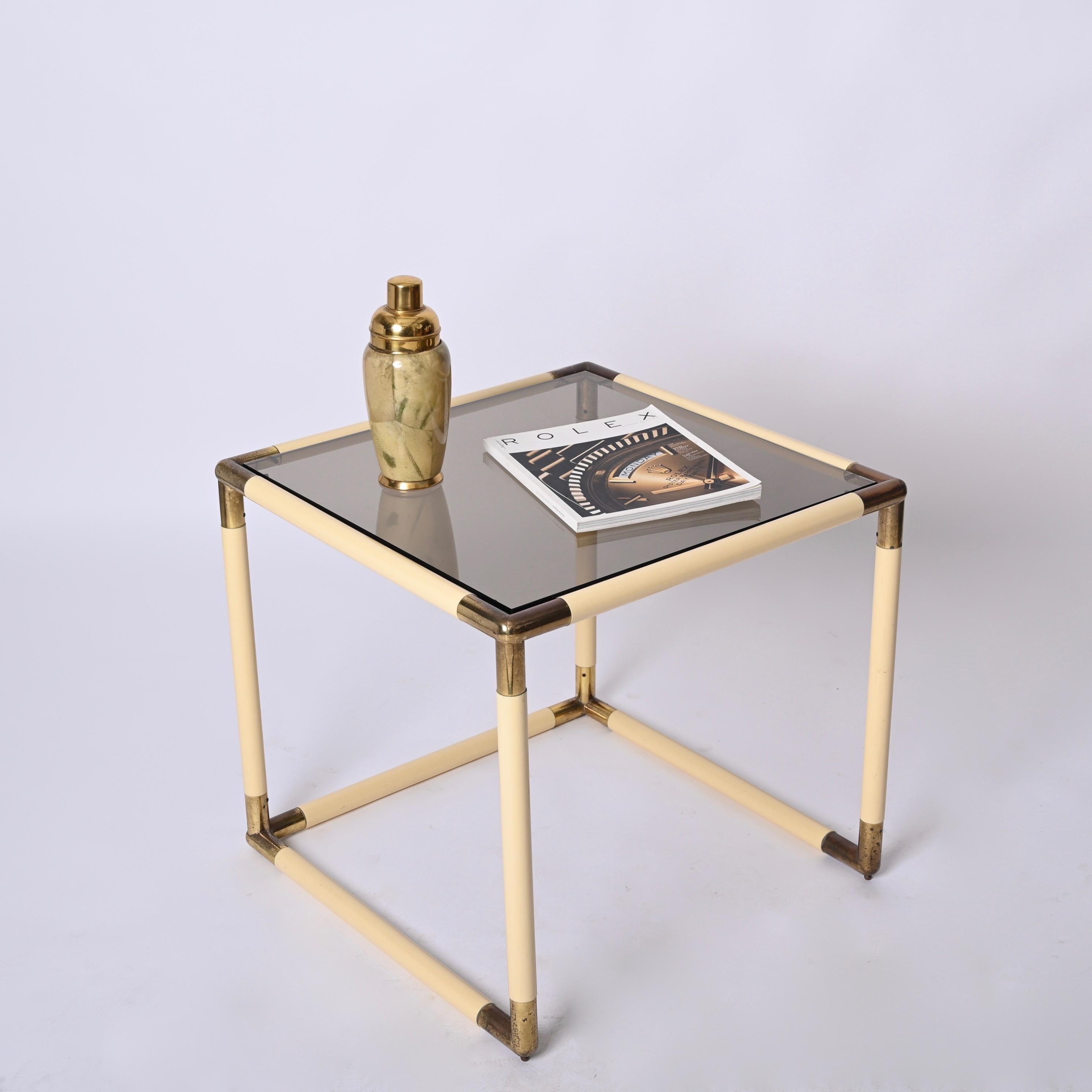 Tommaso Barbi Brass and Cream Enameled Metal Square Coffee Table, Italy, 1970s For Sale 8