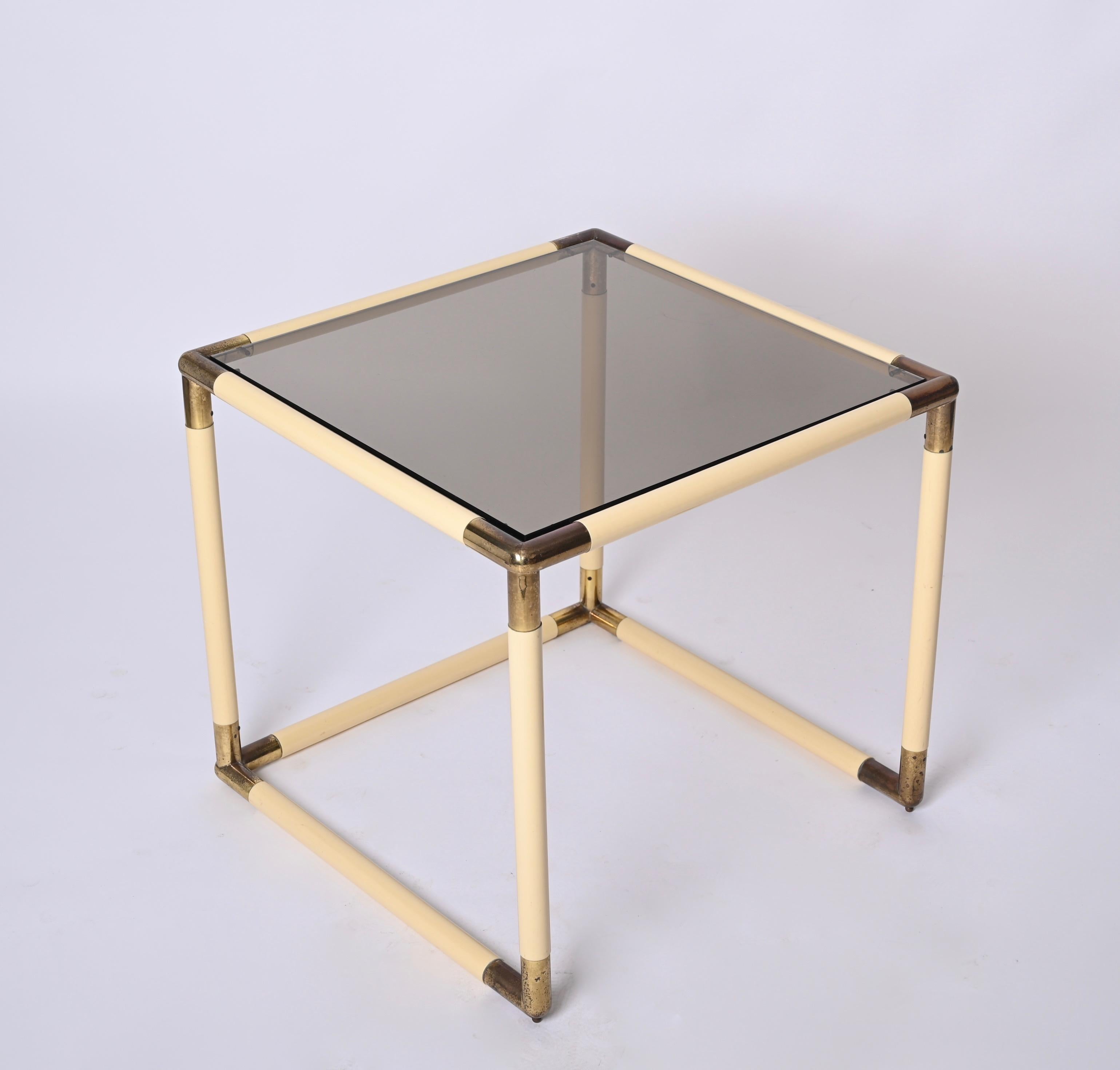 Tommaso Barbi Brass and Cream Enameled Metal Square Coffee Table, Italy, 1970s For Sale 9