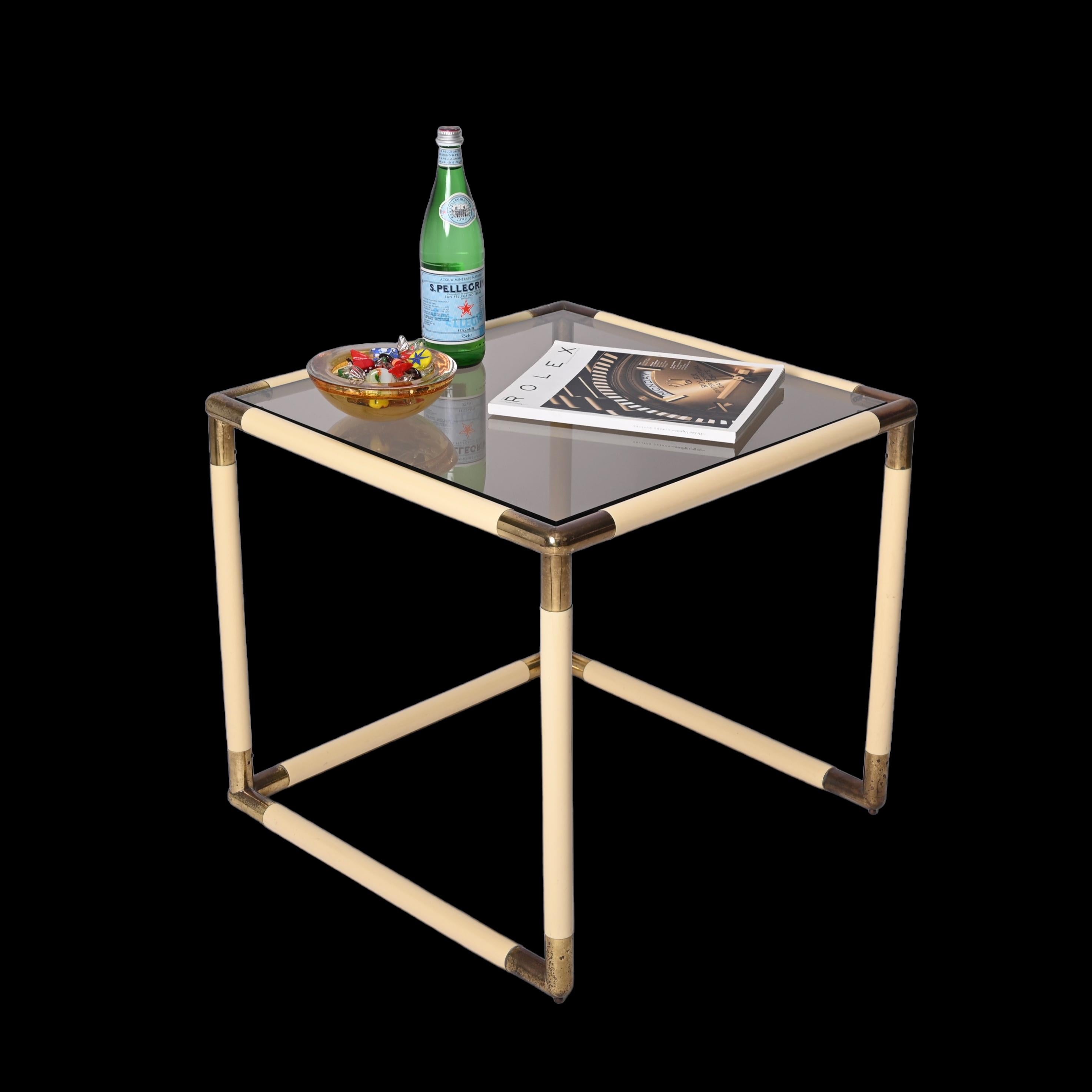 Tommaso Barbi Brass and Cream Enameled Metal Square Coffee Table, Italy, 1970s For Sale 11