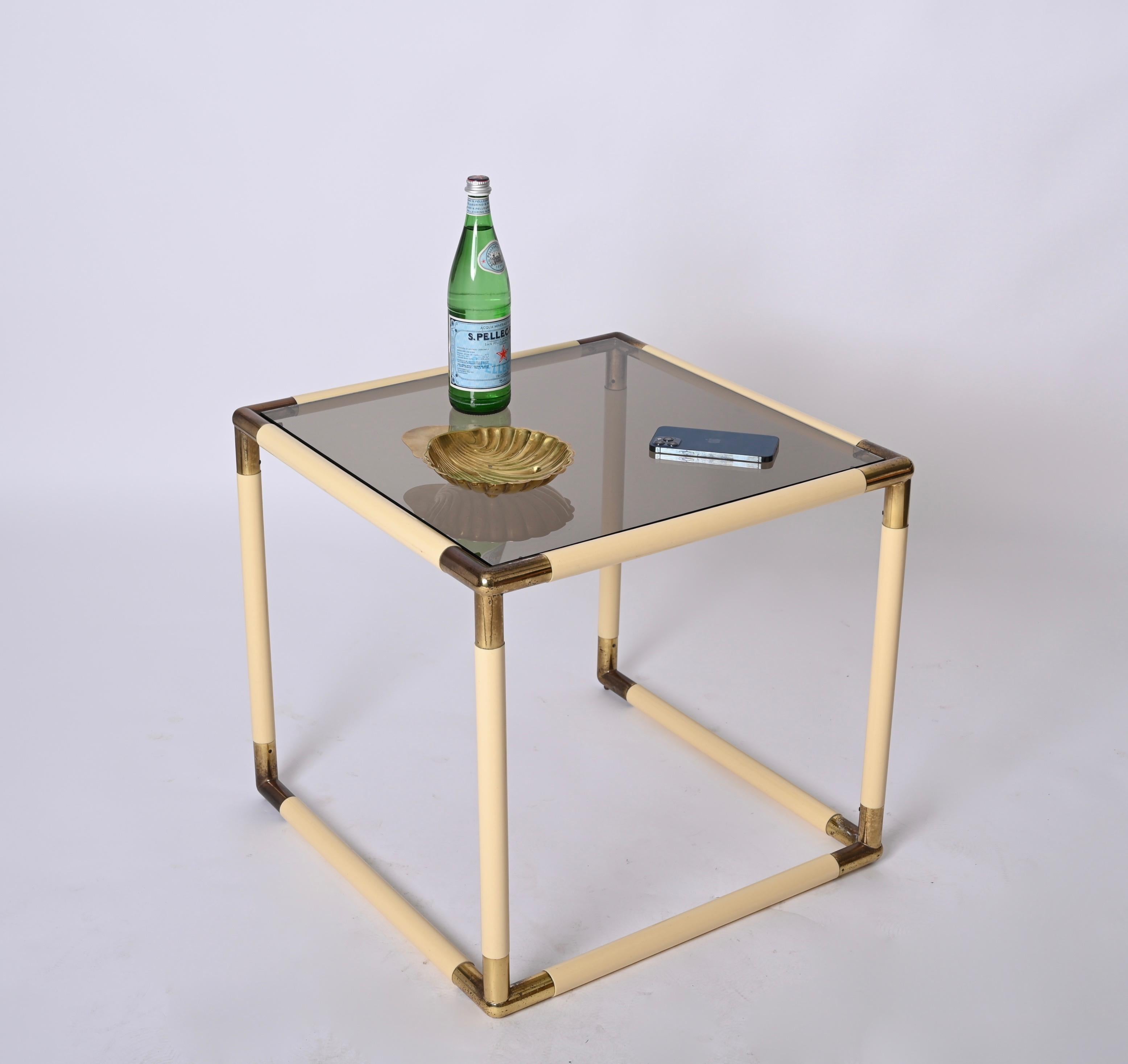 Tommaso Barbi Brass and Cream Enameled Metal Square Coffee Table, Italy, 1970s For Sale 12