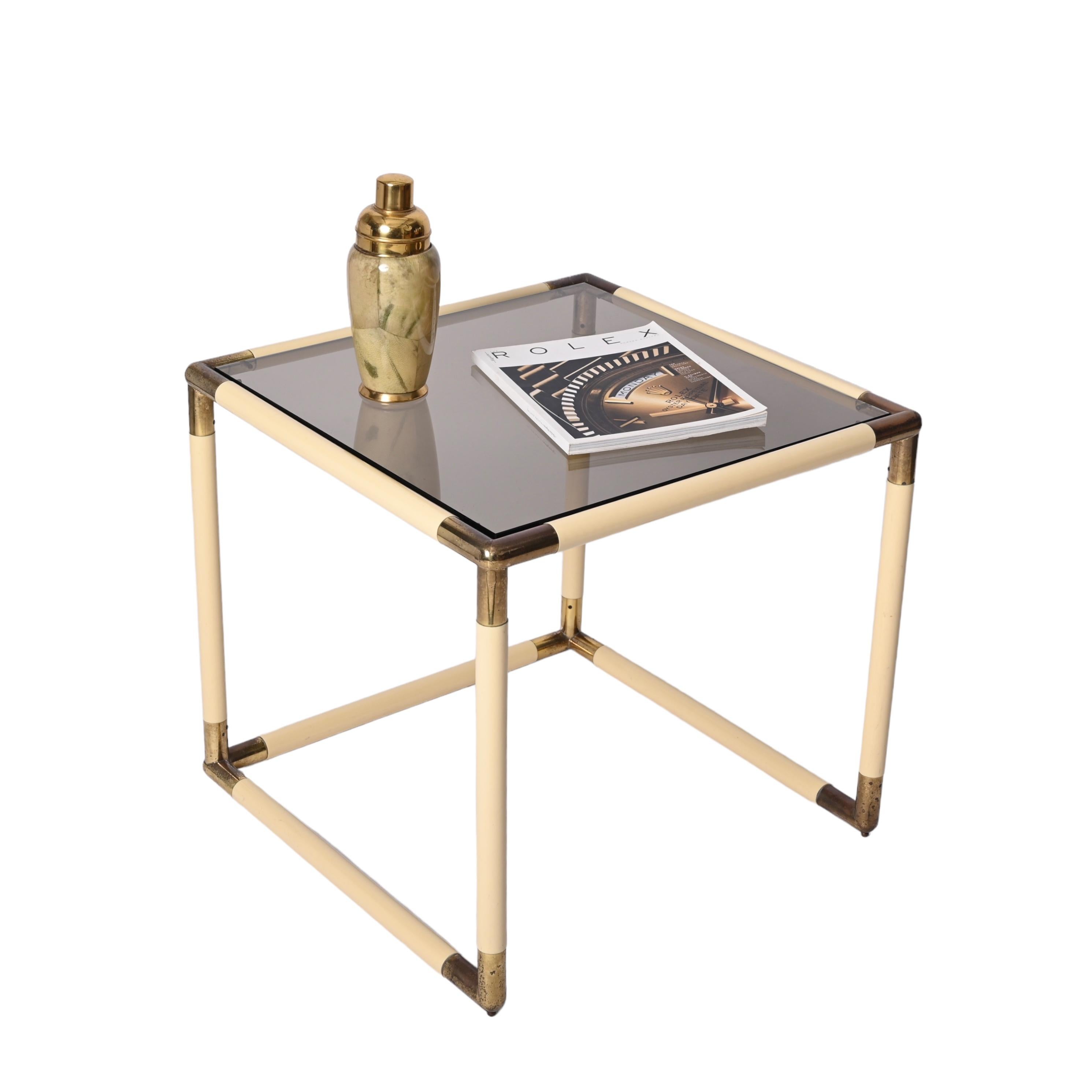 Italian Tommaso Barbi Brass and Cream Enameled Metal Square Coffee Table, Italy, 1970s For Sale