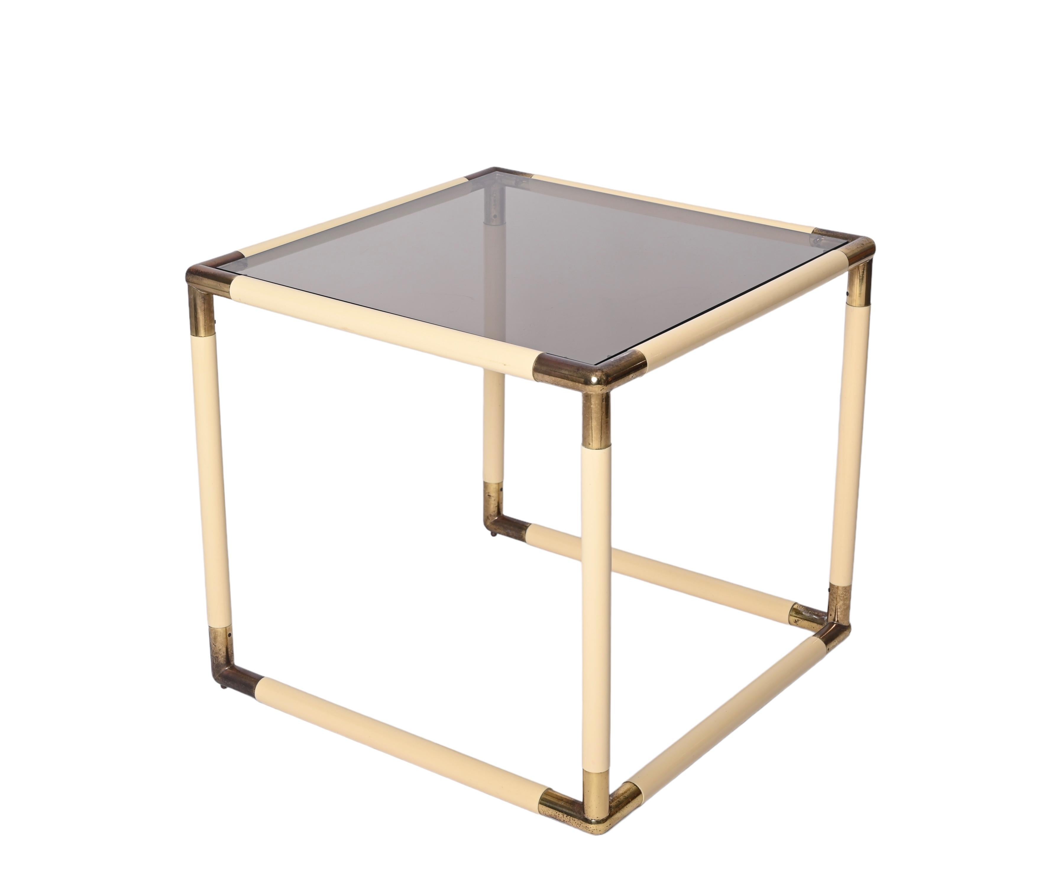Tommaso Barbi Brass and Cream Enameled Metal Square Coffee Table, Italy, 1970s In Good Condition For Sale In Roma, IT
