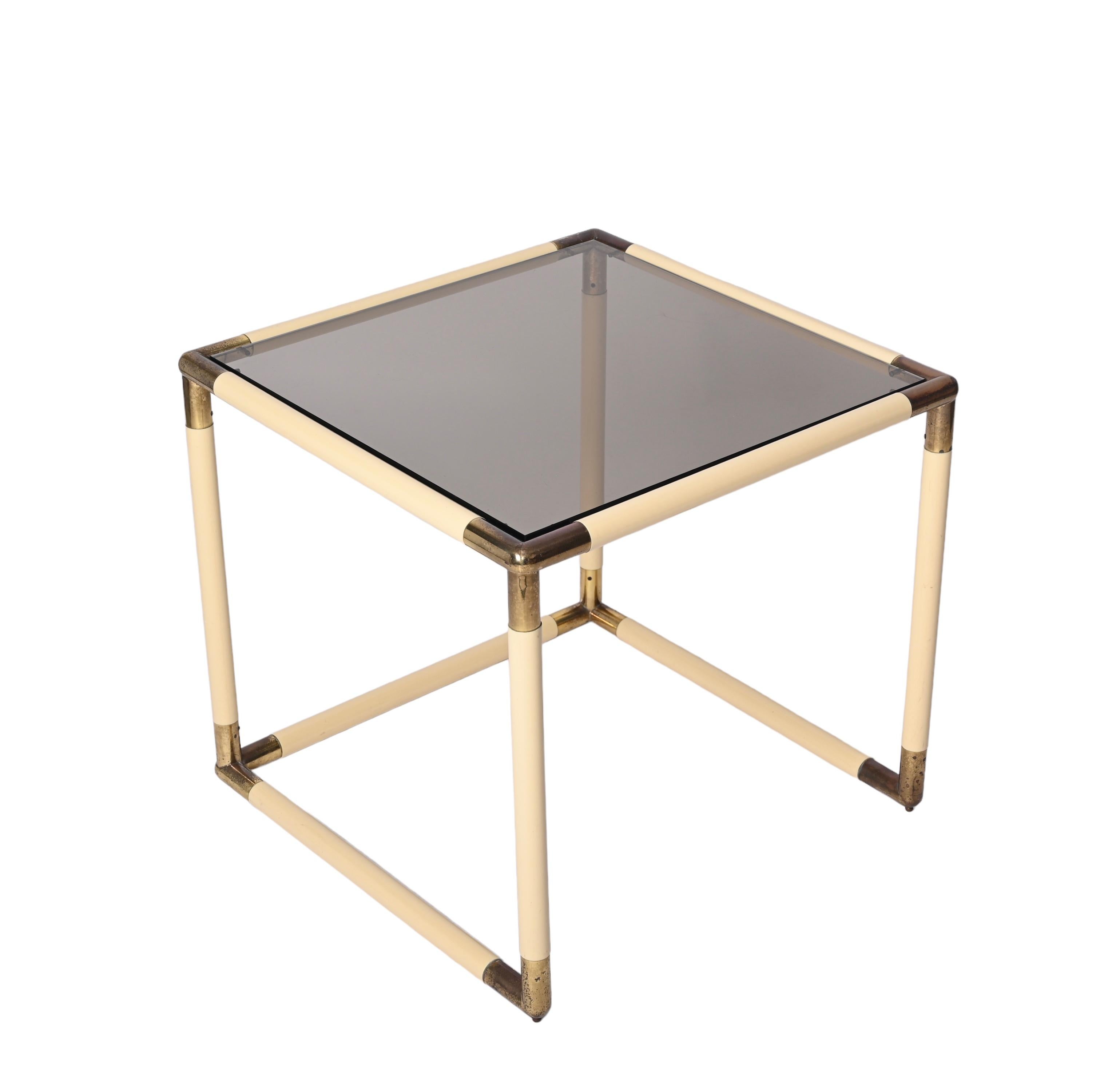 Tommaso Barbi Brass and Cream Enameled Metal Square Coffee Table, Italy, 1970s For Sale 1
