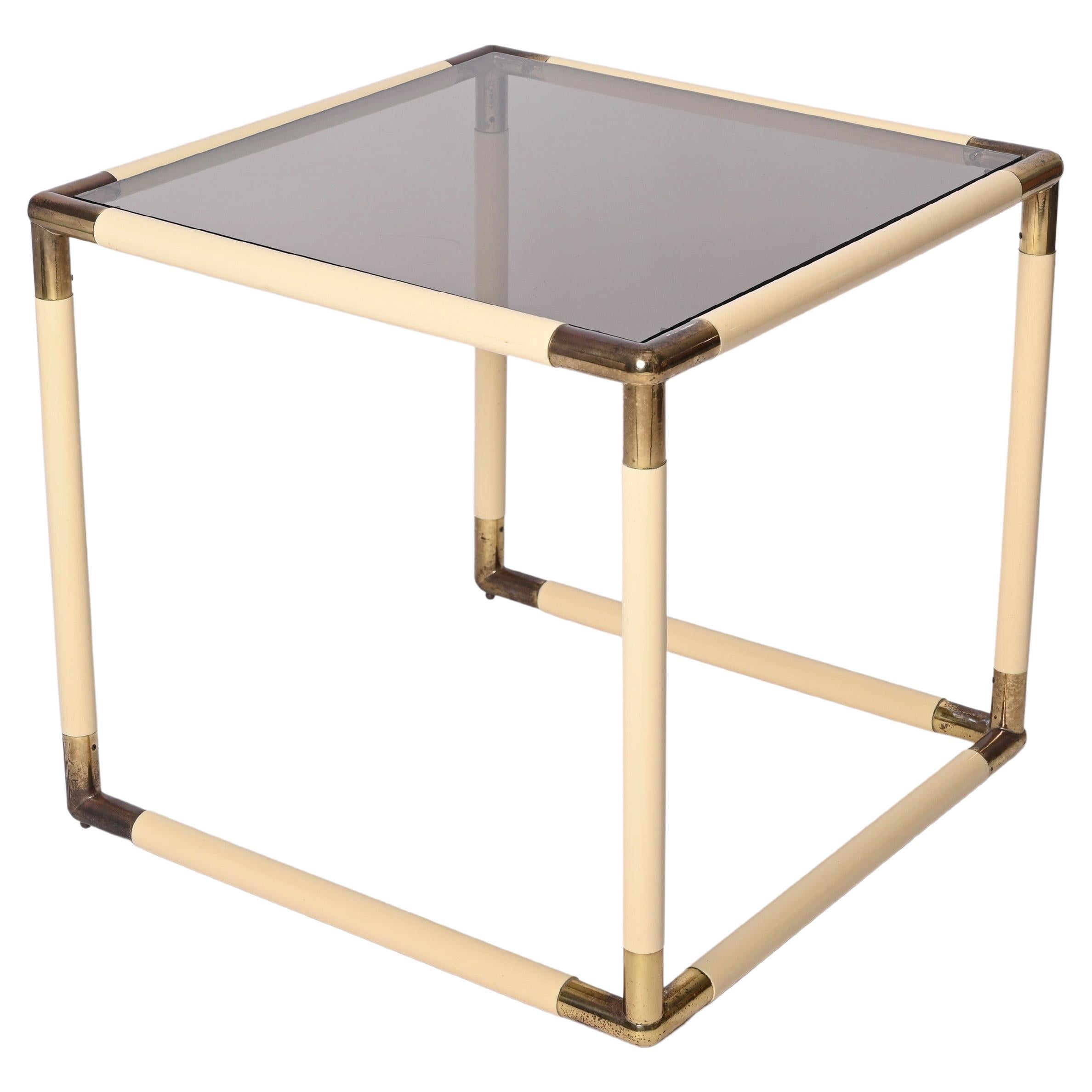 Tommaso Barbi Brass and Cream Enameled Metal Square Coffee Table, Italy, 1970s For Sale