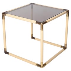 Tommaso Barbi Brass and Cream Enameled Metal Square Coffee Table, Italy, 1970s
