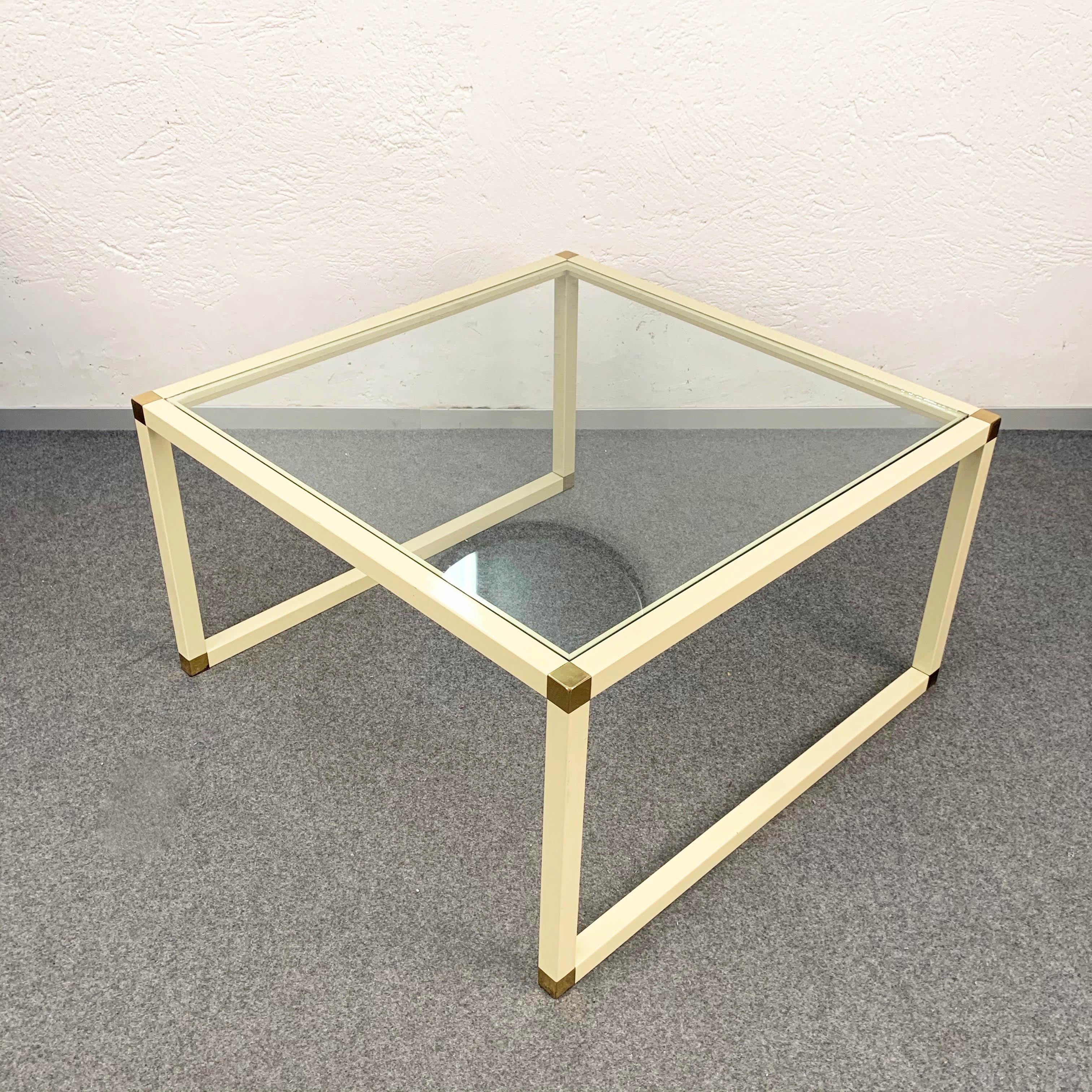 Mid-Century Modern Tommaso Barbi Brass and Cream Enameled Metal Square Italian Coffee Table, 1970s For Sale
