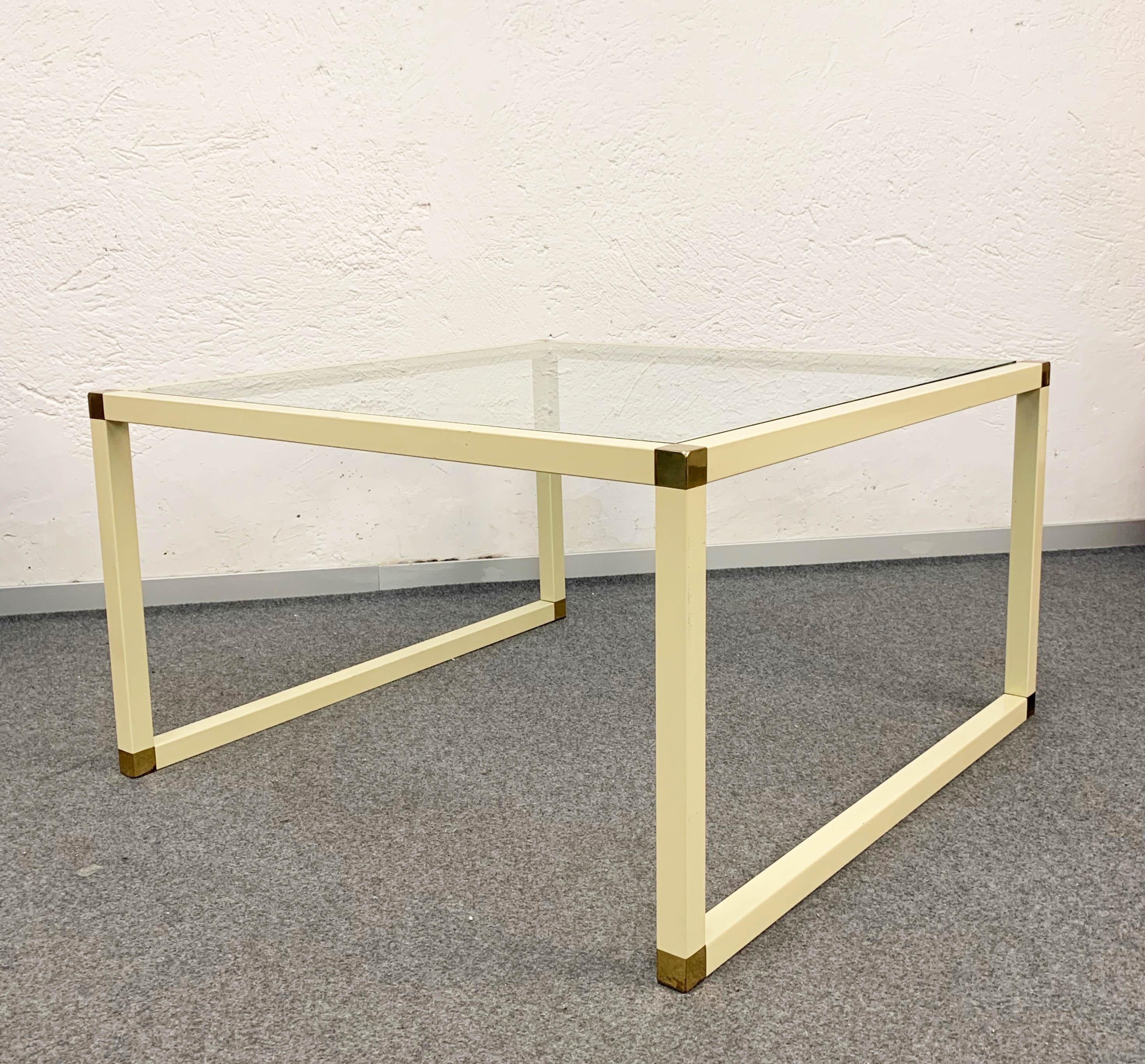 Late 20th Century Tommaso Barbi Brass and Cream Enameled Metal Square Italian Coffee Table, 1970s For Sale