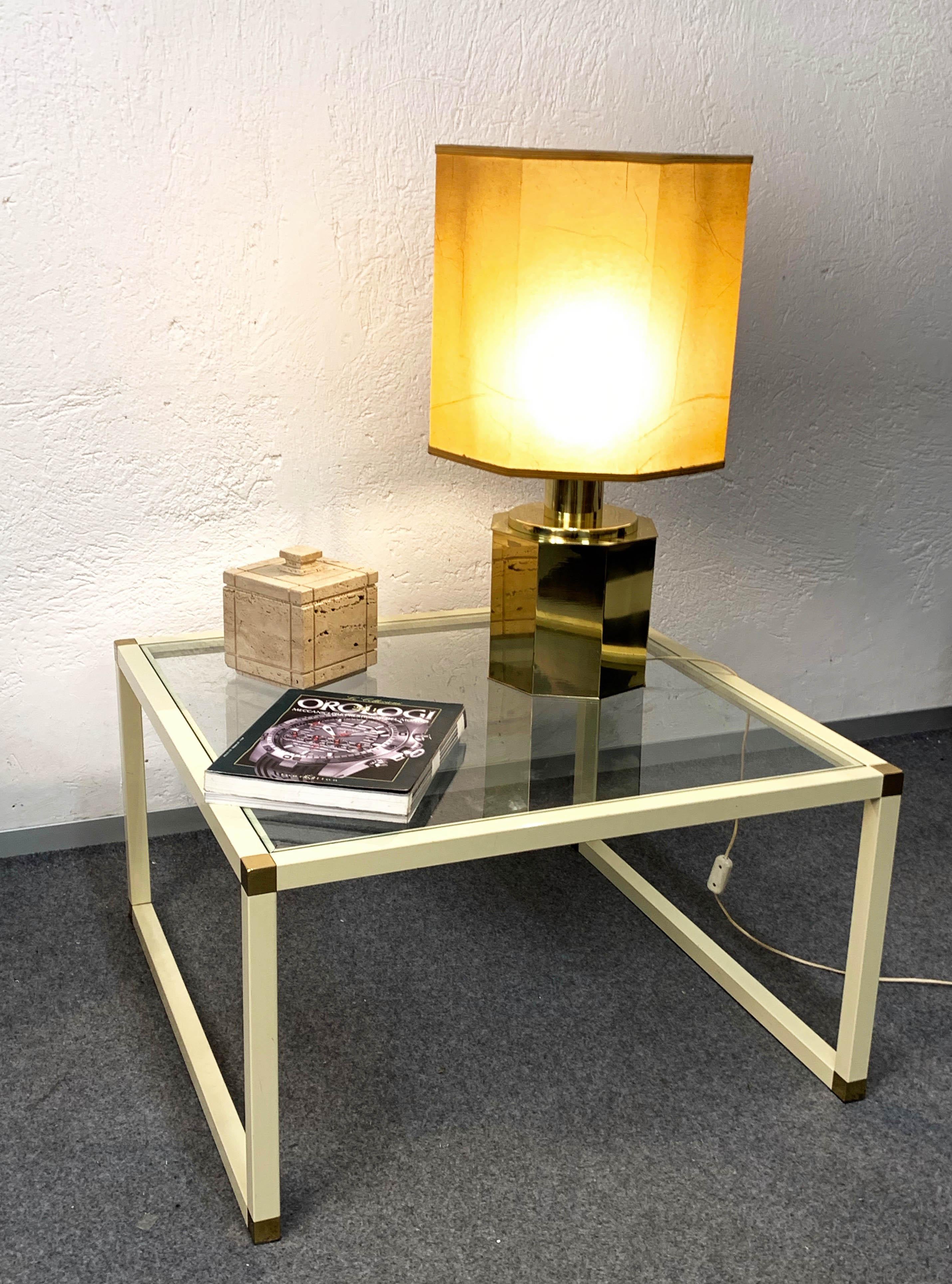 Tommaso Barbi Brass and Cream Enameled Metal Square Italian Coffee Table, 1970s For Sale 3