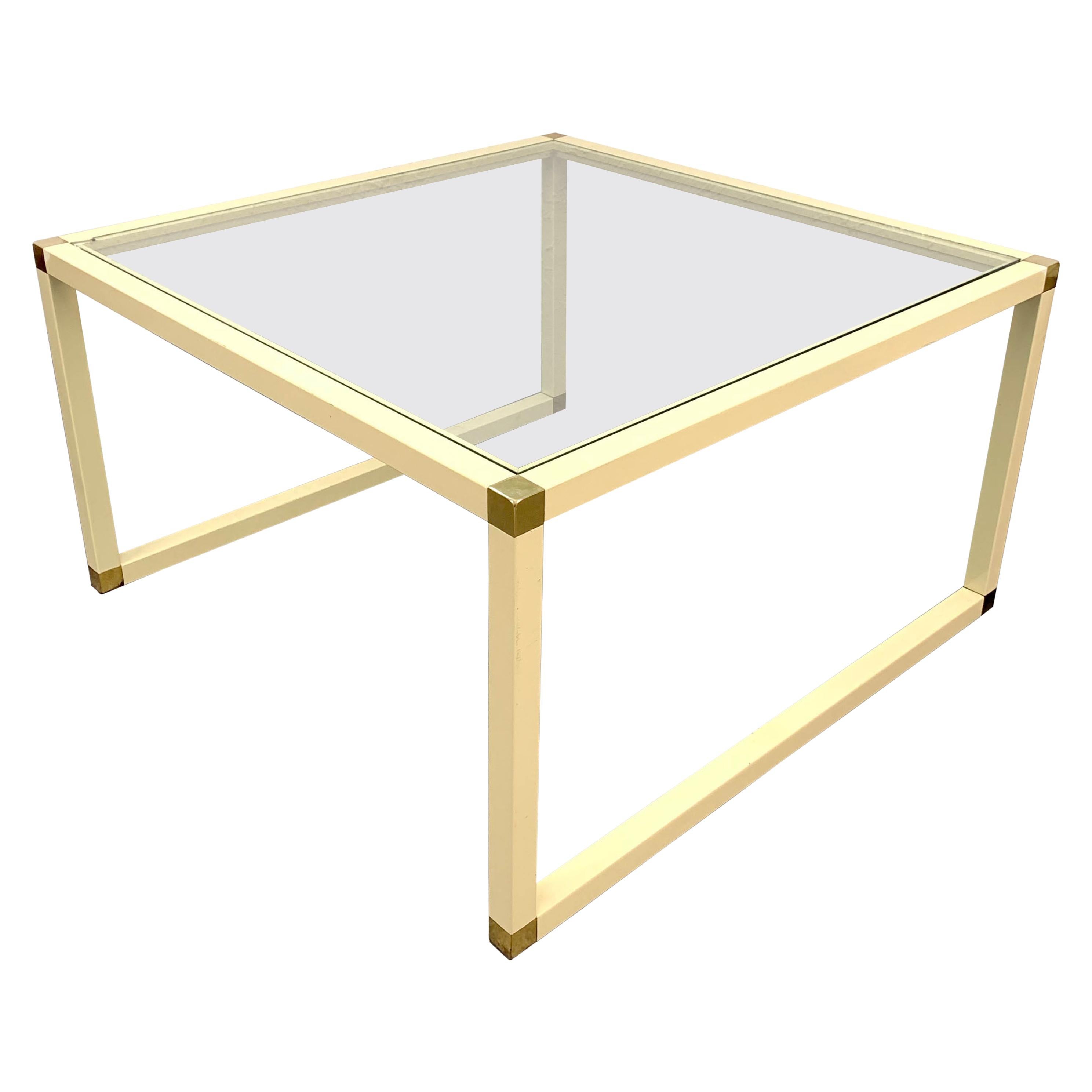 Tommaso Barbi Brass and Cream Enameled Metal Square Italian Coffee Table, 1970s For Sale