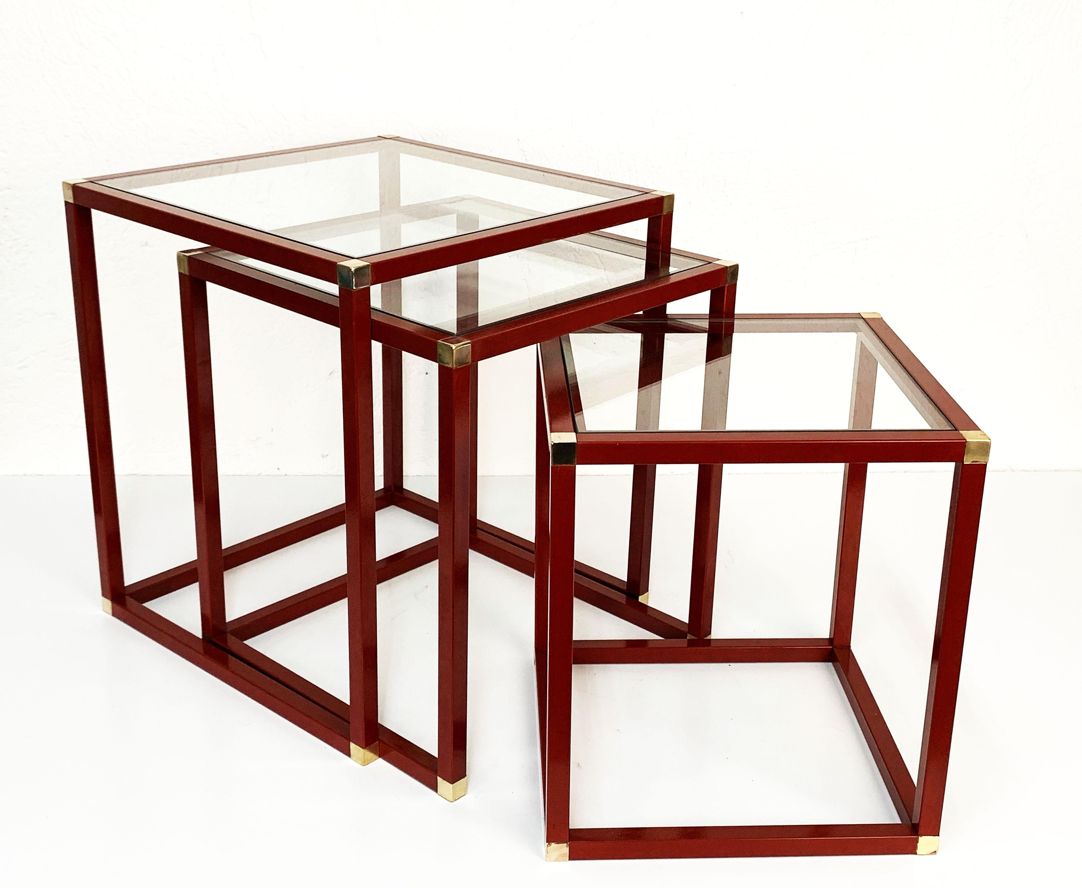 Tommaso Barbi Brass Red Enameled Metal and Glass Italian Nesting Tables, 1970s 5