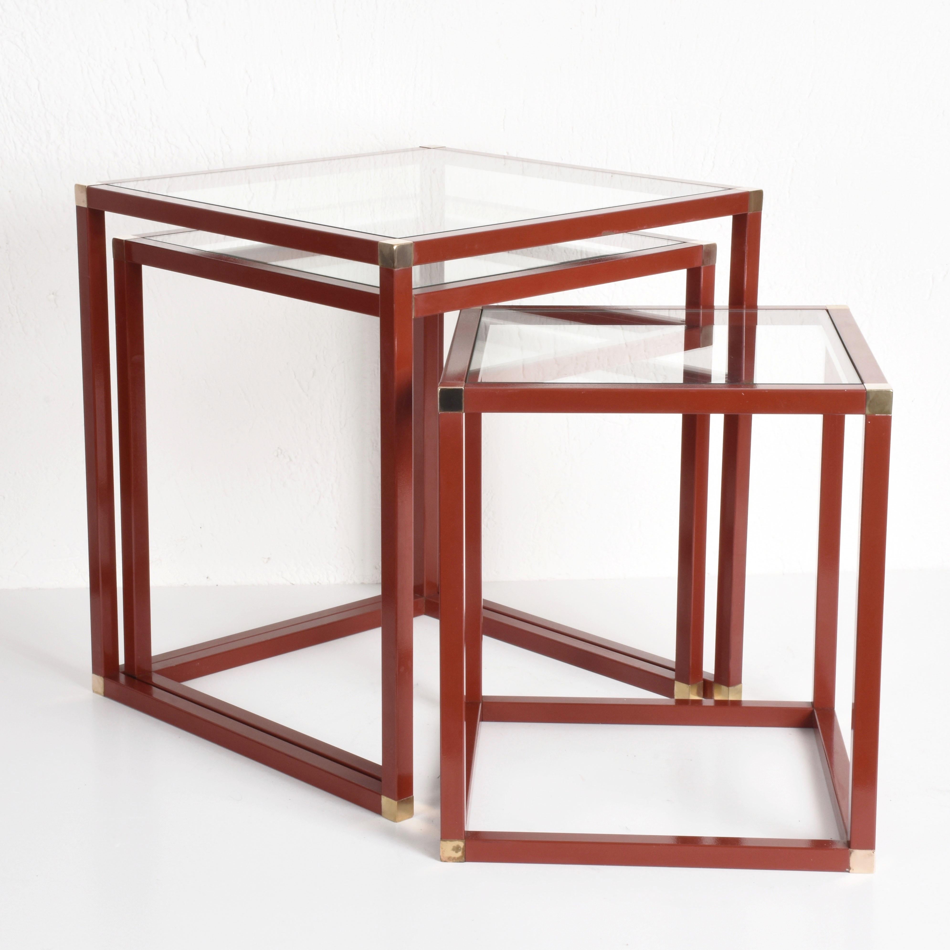 Tommaso Barbi Brass Red Enameled Metal and Glass Italian Nesting Tables, 1970s 6
