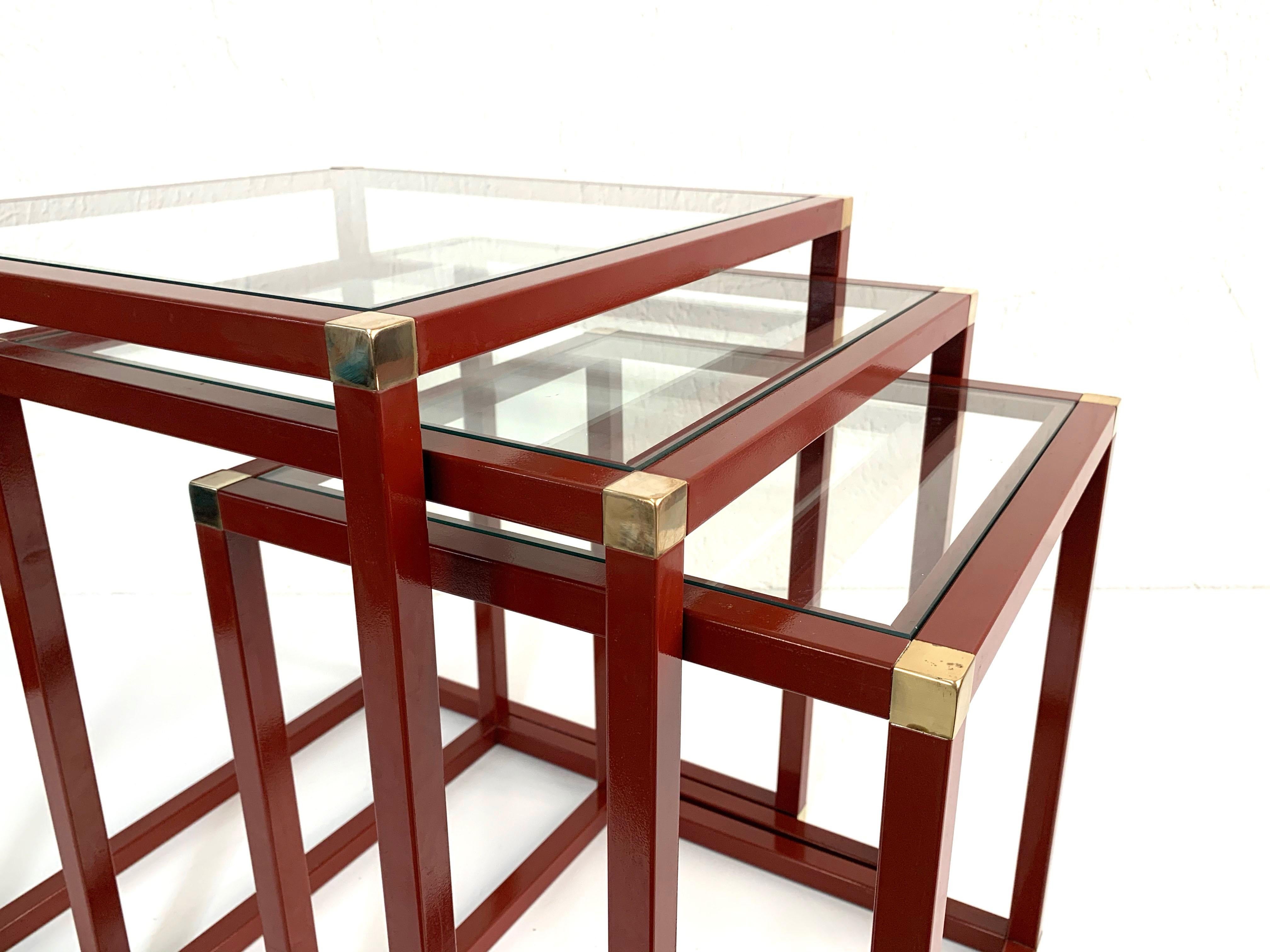 Tommaso Barbi Brass Red Enameled Metal and Glass Italian Nesting Tables, 1970s 7
